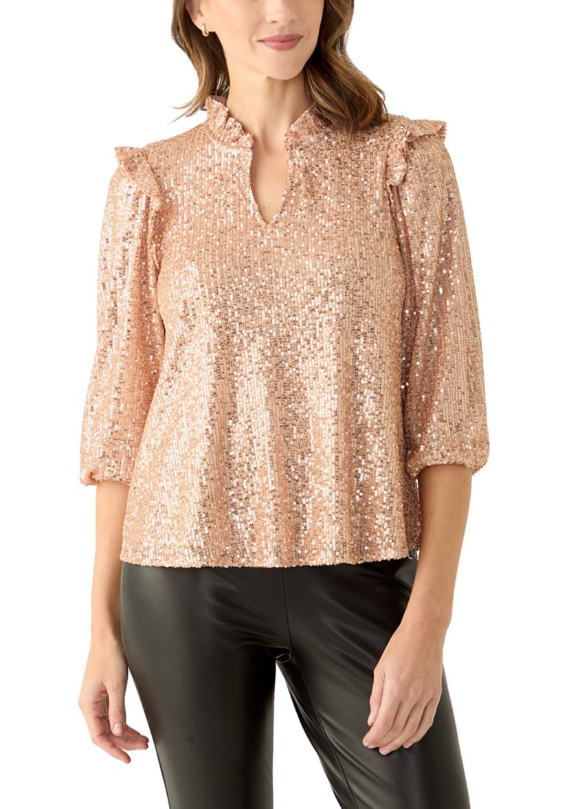 Womens 3/4 Ruffle Sleeve Sequin Top