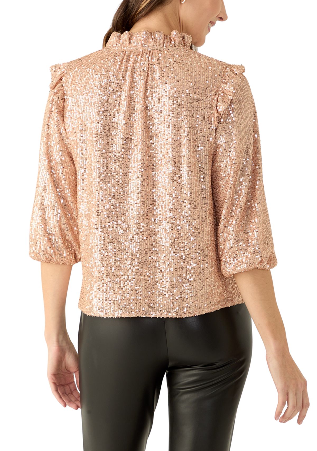 Womens 3/4 Ruffle Sleeve Sequin Top