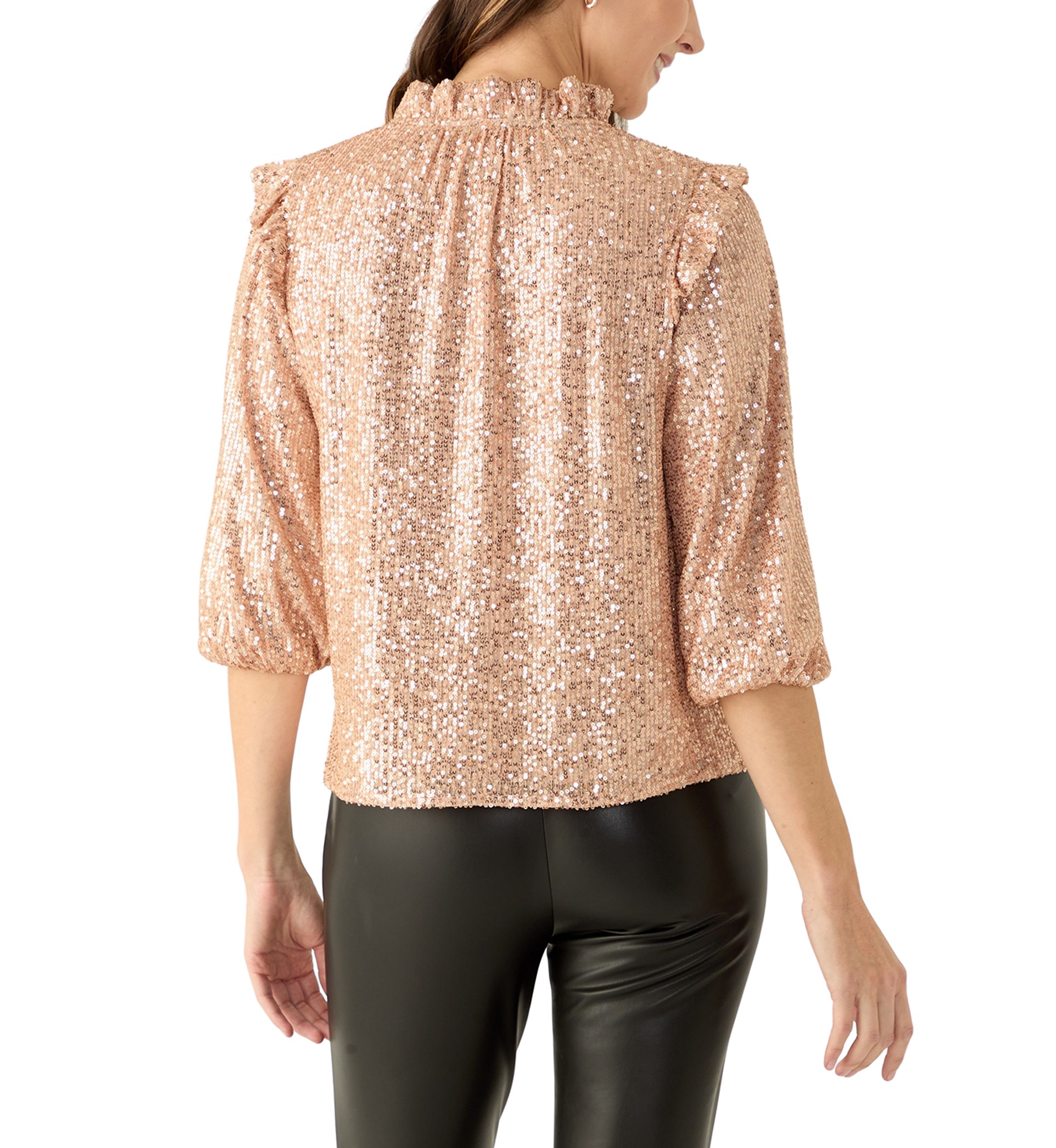 Womens 3/4 Ruffle Sleeve Sequin Top