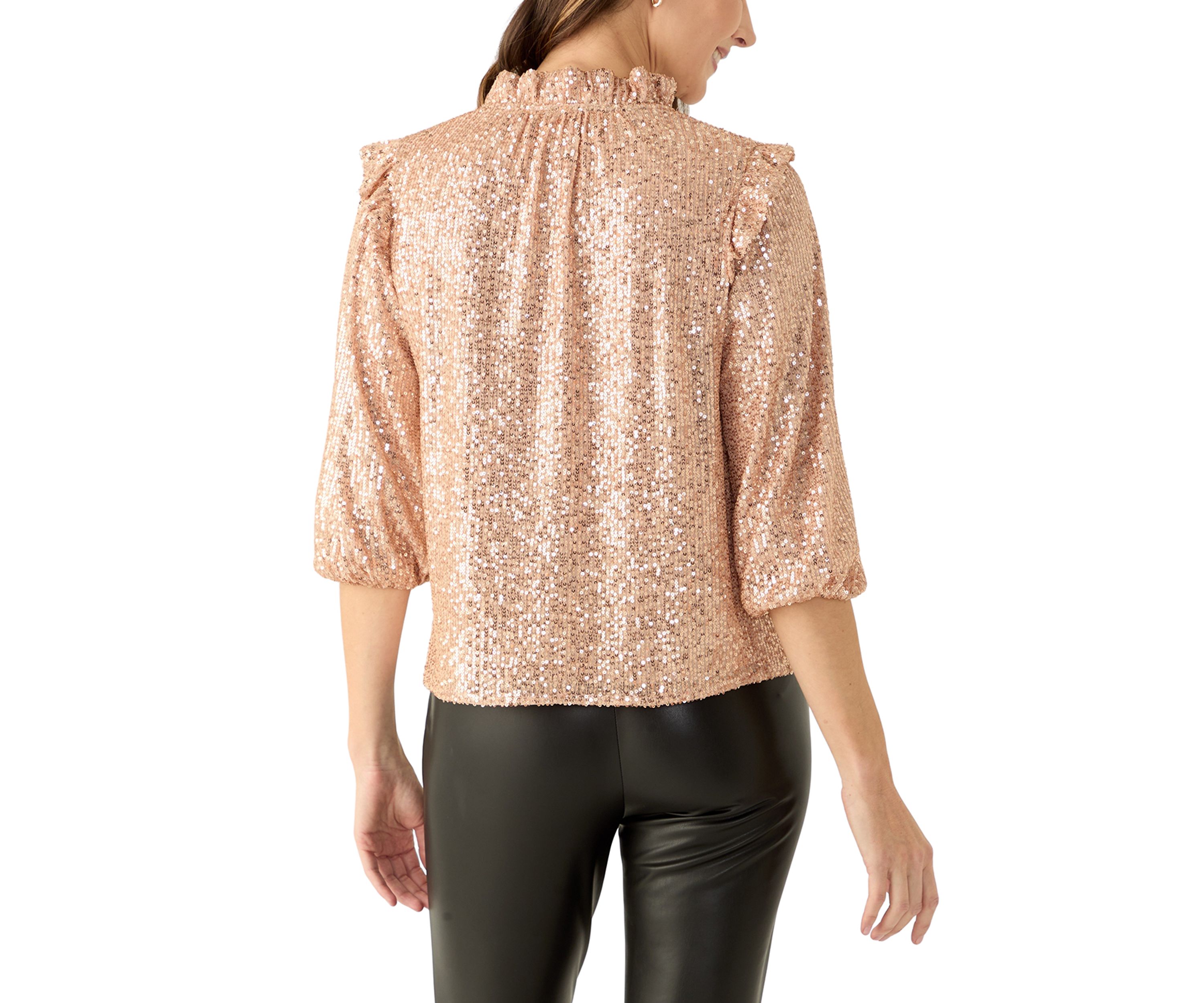 Womens 3/4 Ruffle Sleeve Sequin Top
