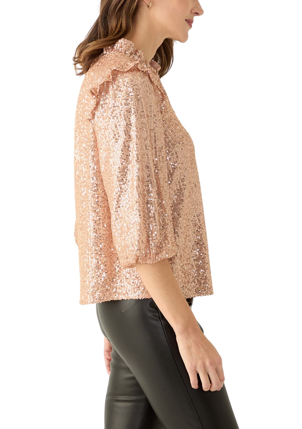 Womens 3/4 Ruffle Sleeve Sequin Top