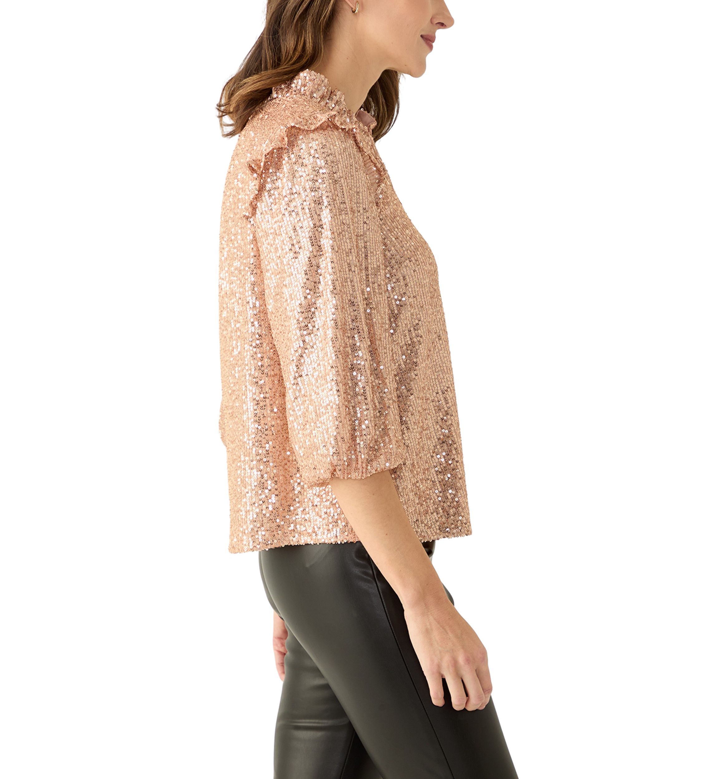 Womens 3/4 Ruffle Sleeve Sequin Top