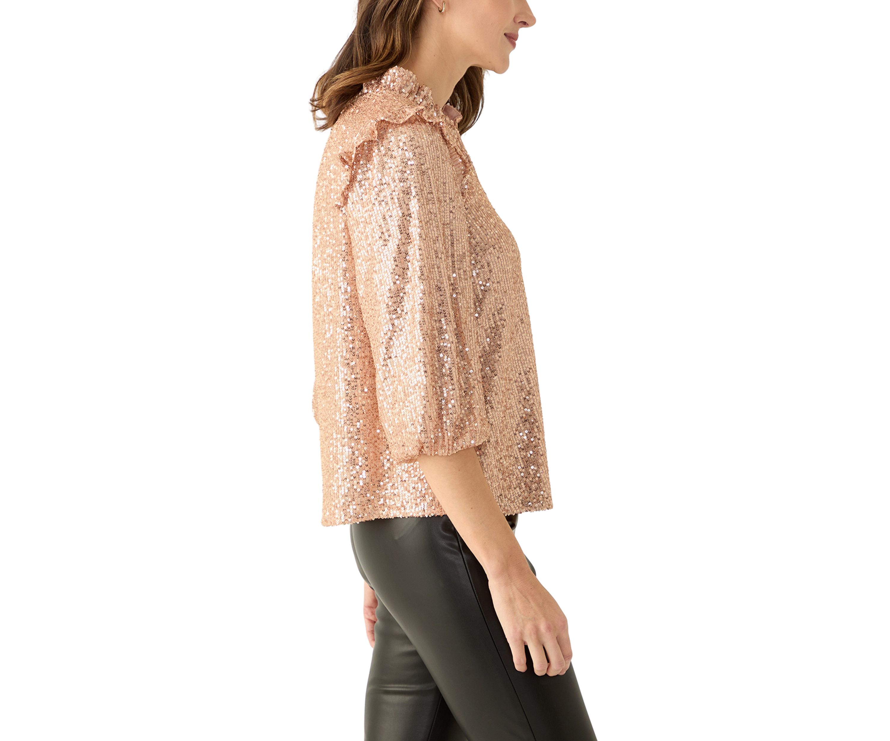 Womens 3/4 Ruffle Sleeve Sequin Top