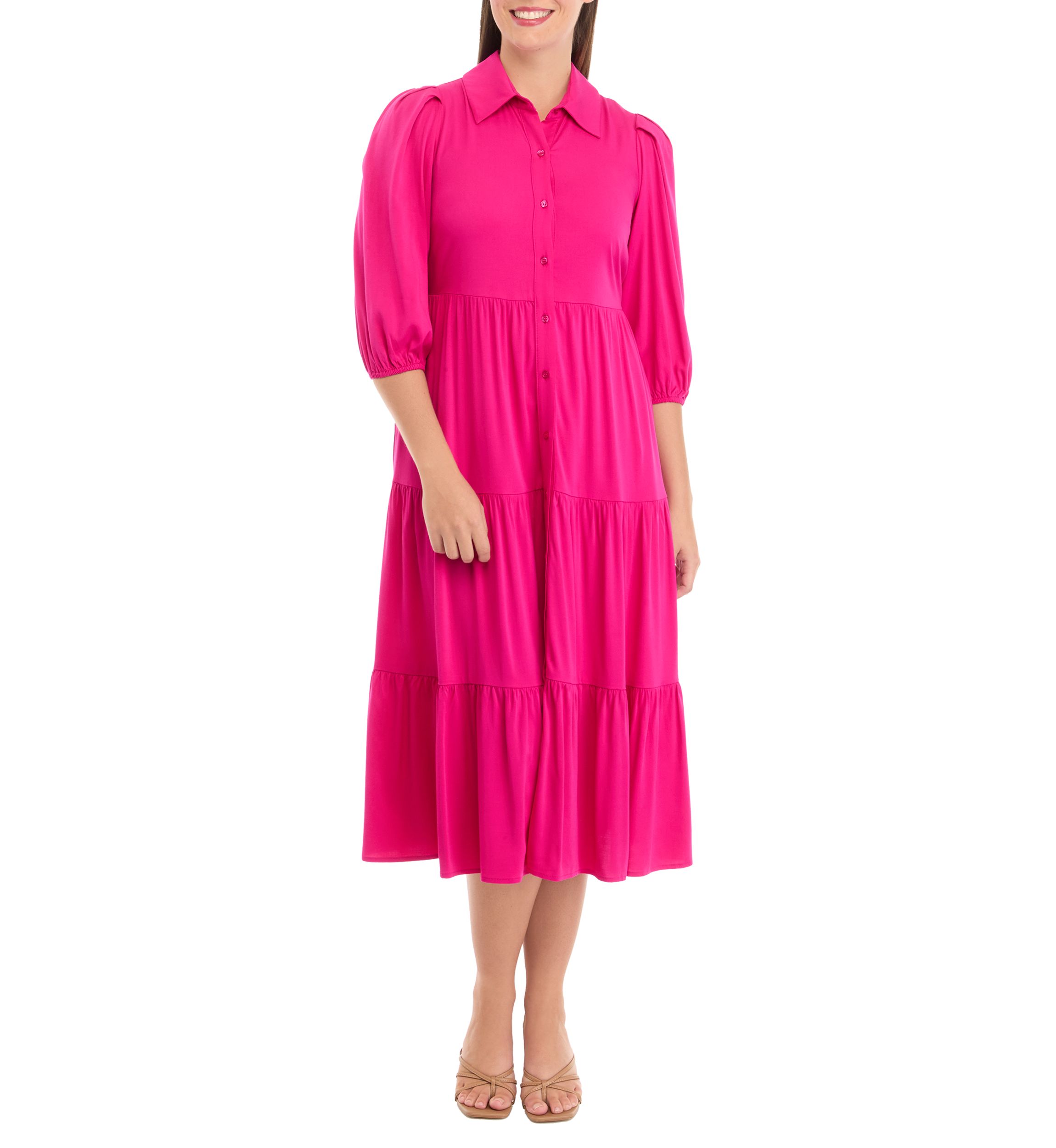 Womens 3/4 Sleeve Midi Challis Shirtdress