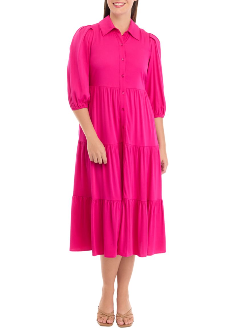 Womens 3/4 Sleeve Midi Challis Shirtdress