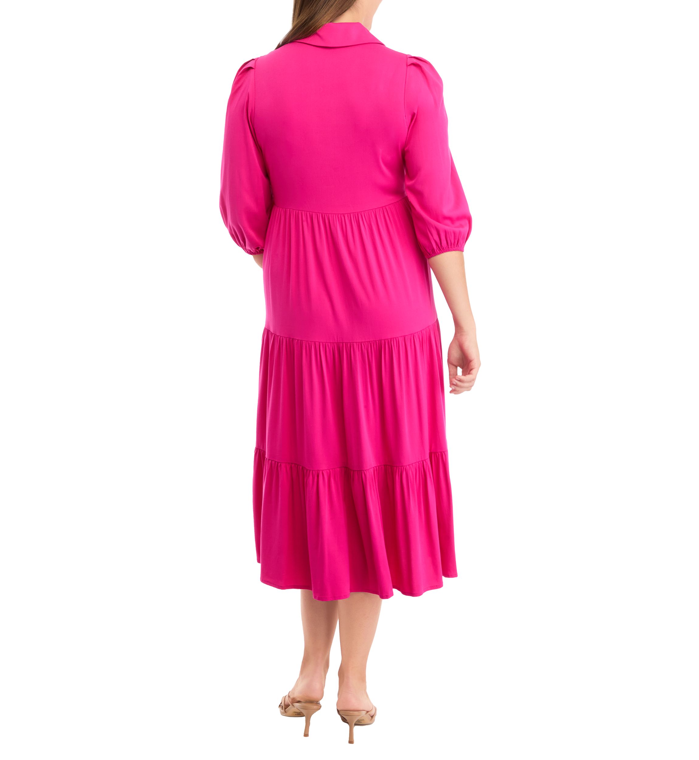 Womens 3/4 Sleeve Midi Challis Shirtdress