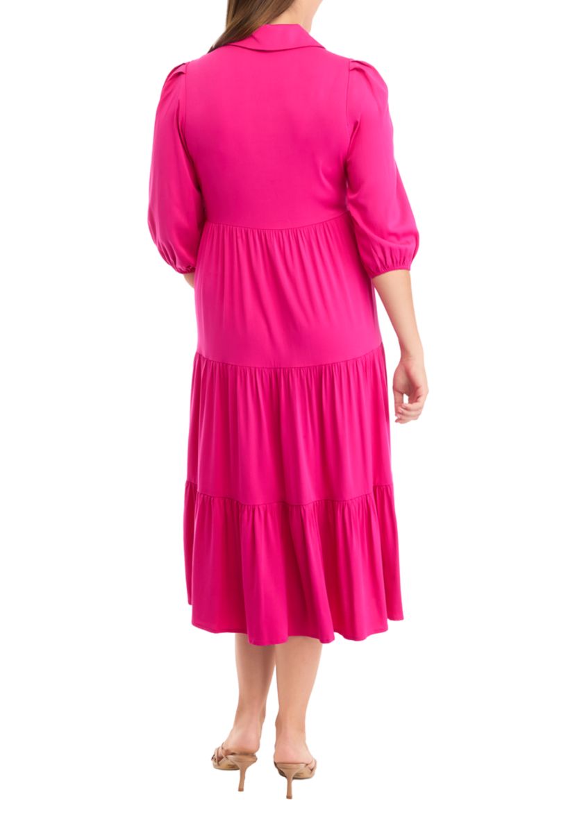 Womens 3/4 Sleeve Midi Challis Shirtdress