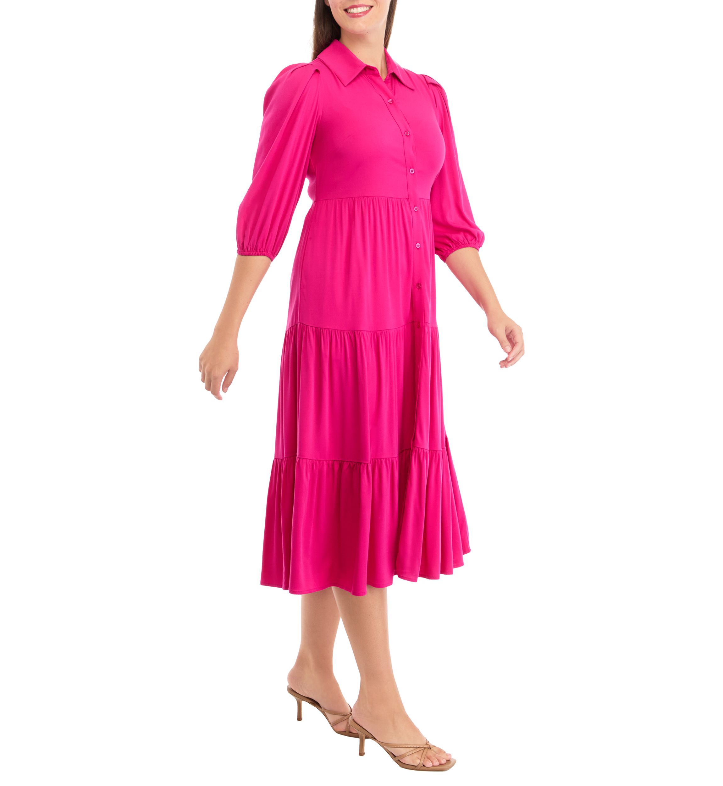Womens 3/4 Sleeve Midi Challis Shirtdress