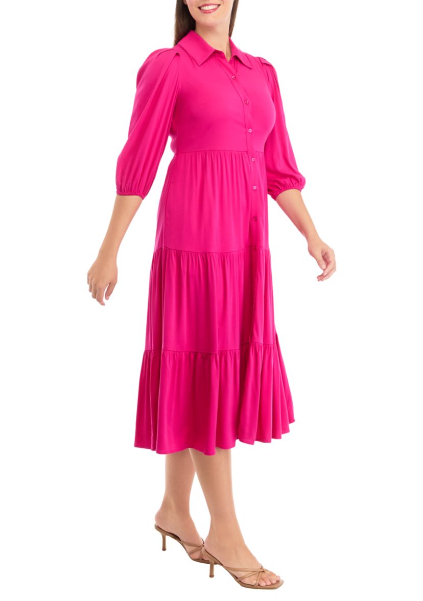 Womens 3/4 Sleeve Midi Challis Shirtdress