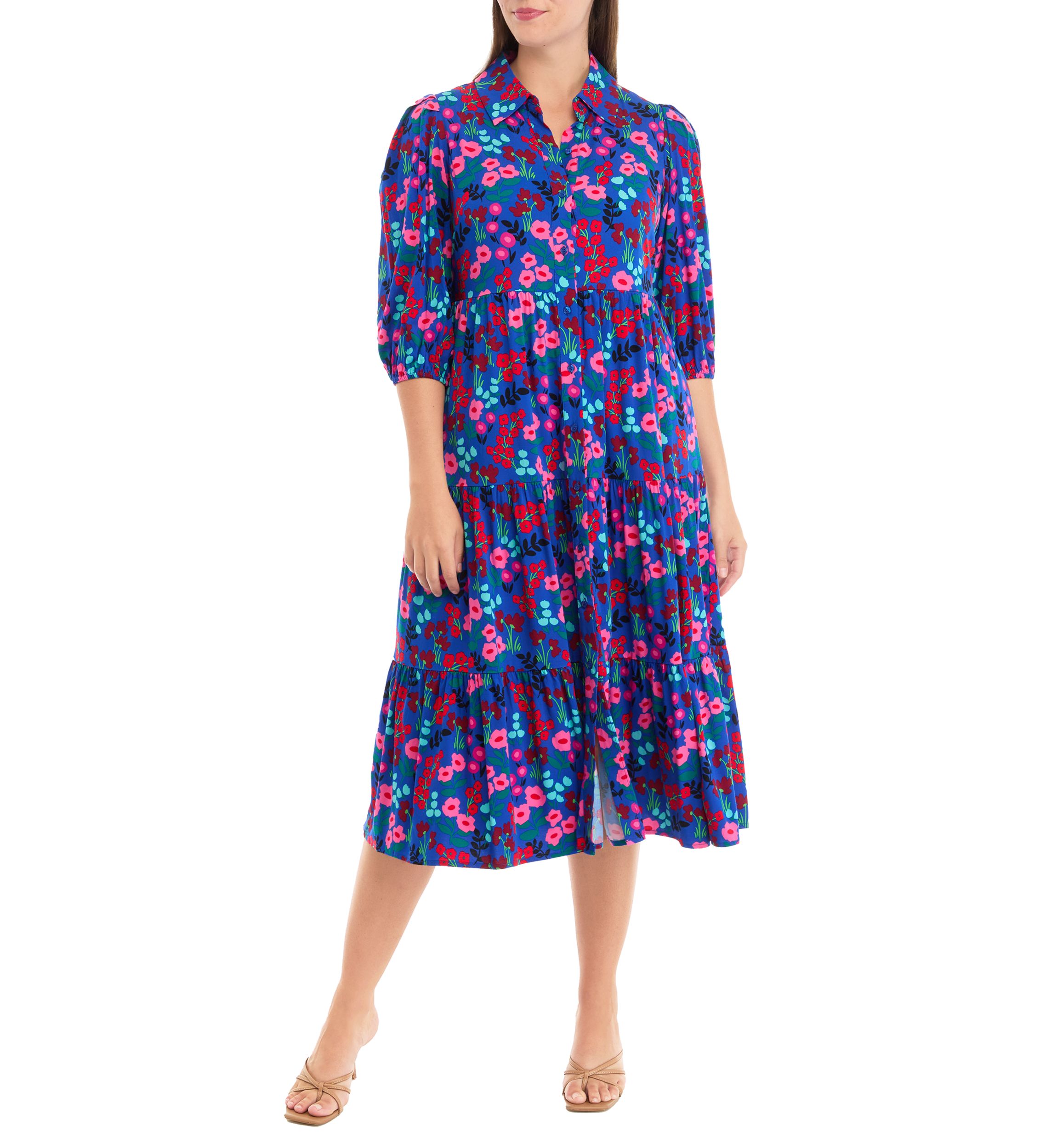 Womens 3/4 Sleeve Midi Challis Shirtdress