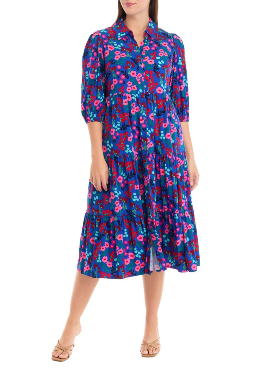 Womens 3/4 Sleeve Midi Challis Shirtdress