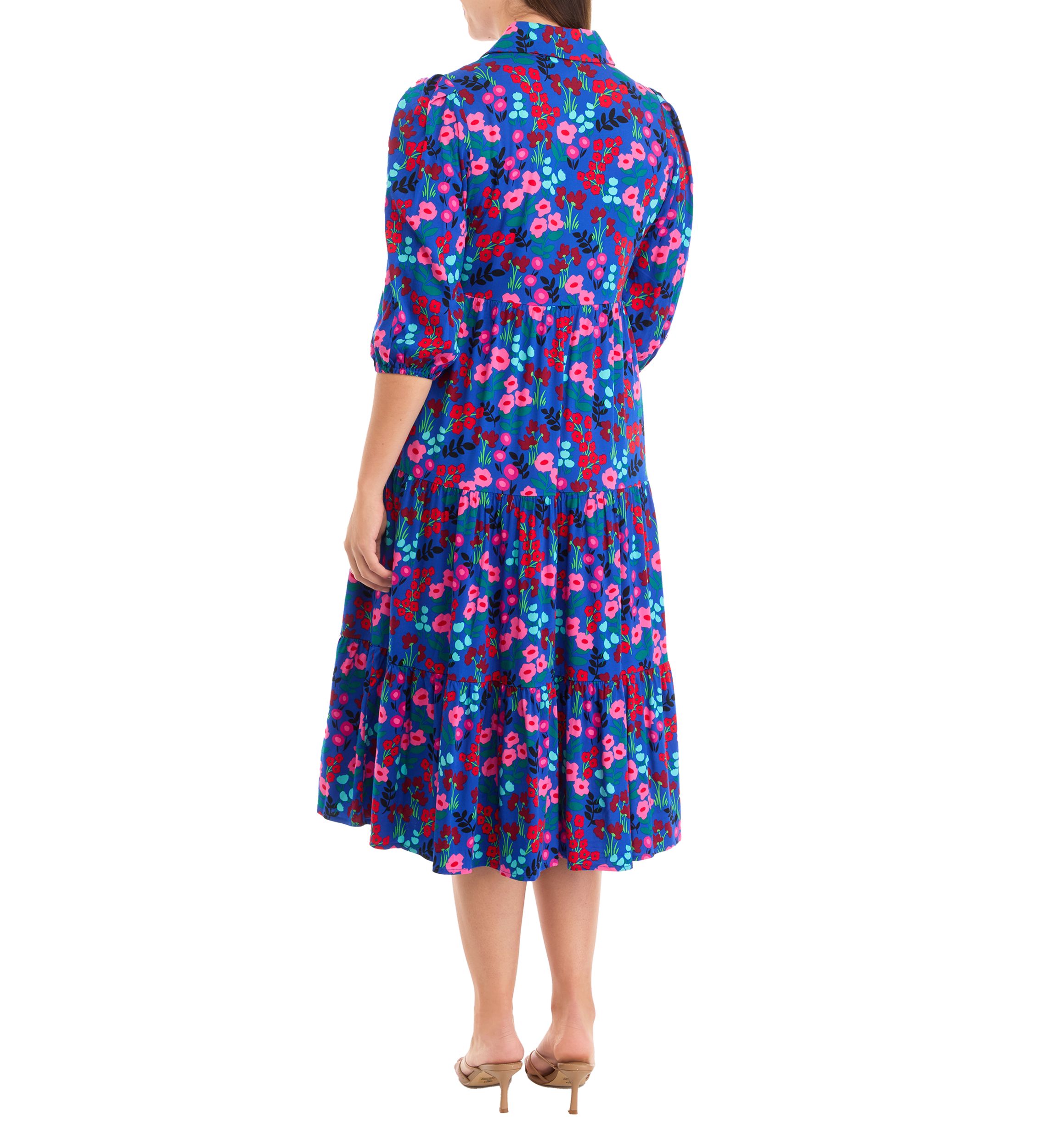 Womens 3/4 Sleeve Midi Challis Shirtdress