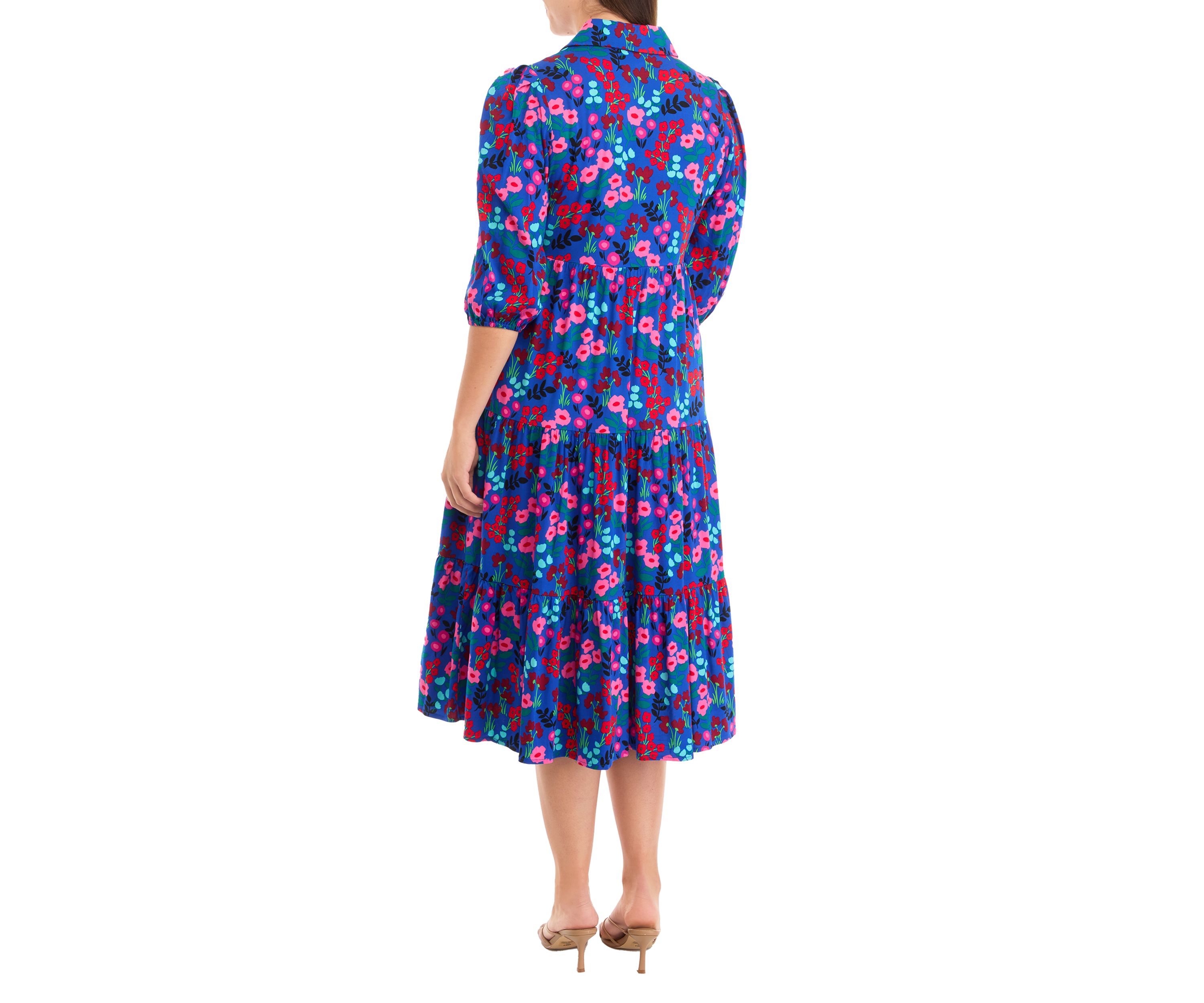 Womens 3/4 Sleeve Midi Challis Shirtdress