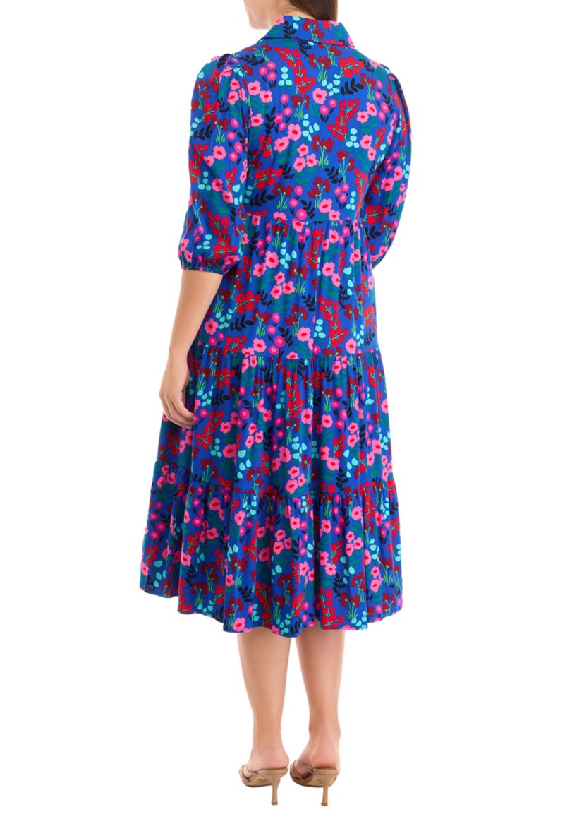 Womens 3/4 Sleeve Midi Challis Shirtdress
