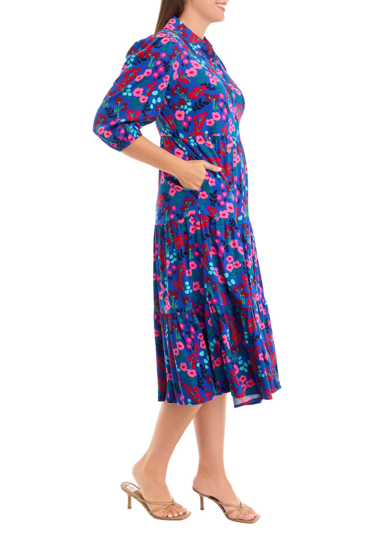 Womens 3/4 Sleeve Midi Challis Shirtdress