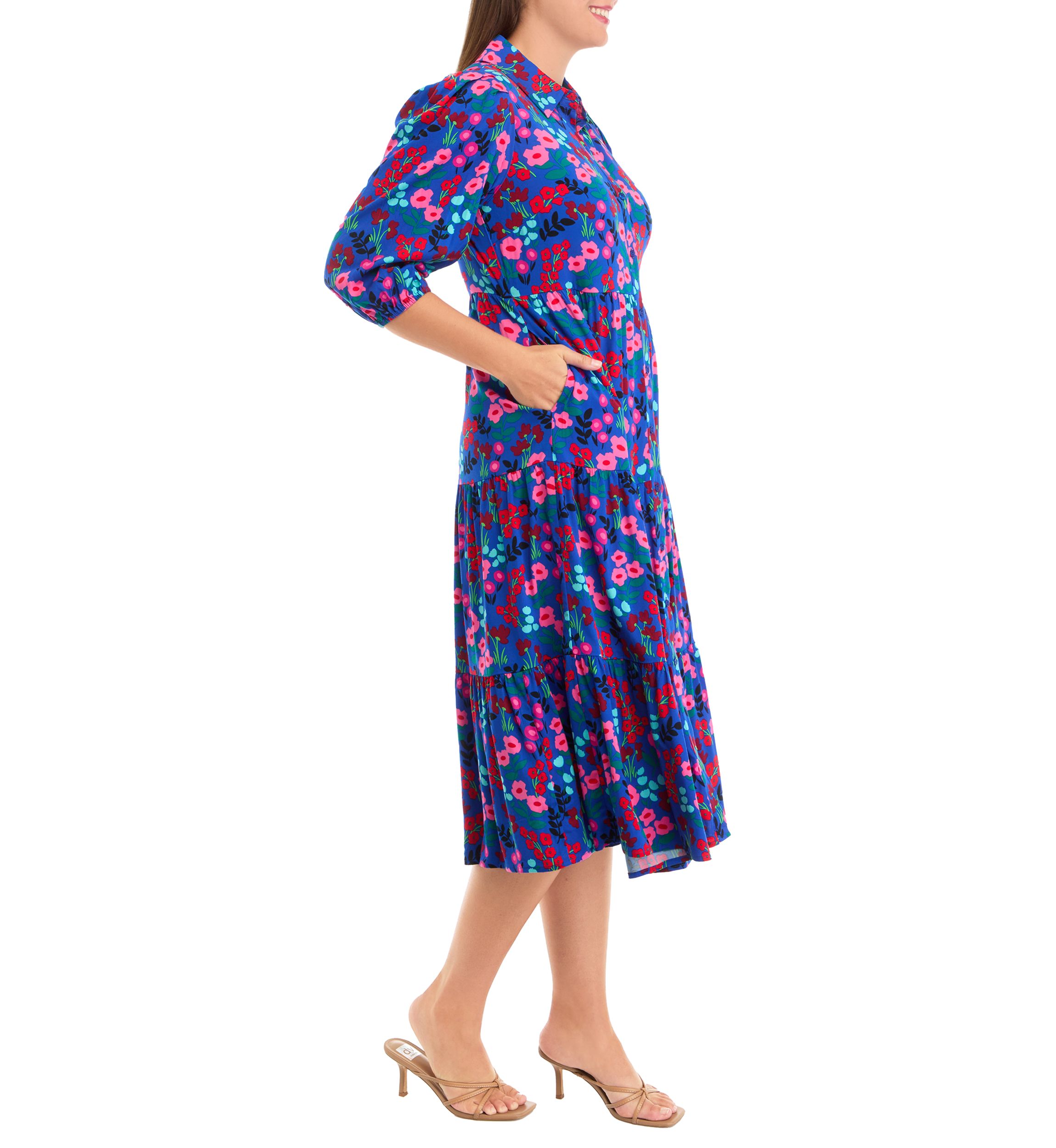Womens 3/4 Sleeve Midi Challis Shirtdress
