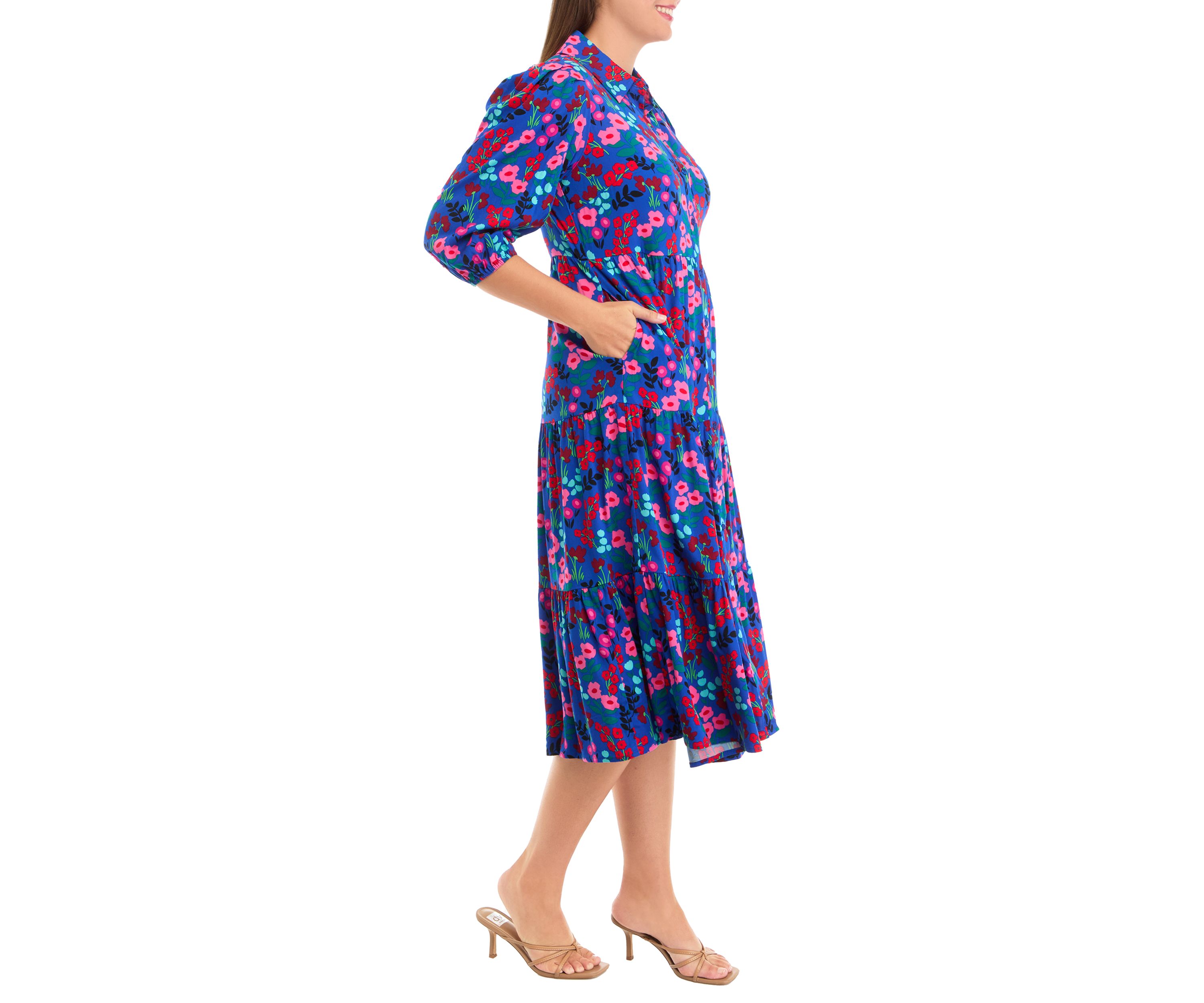 Womens 3/4 Sleeve Midi Challis Shirtdress