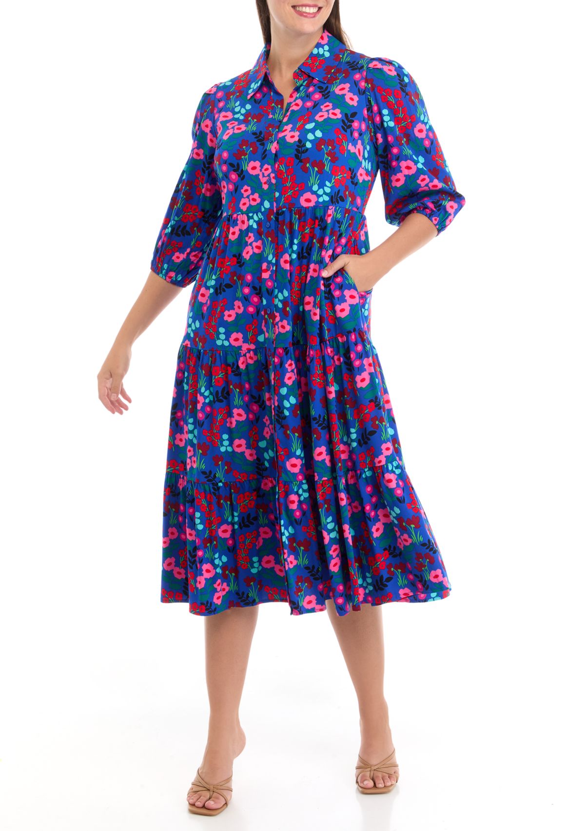 Petite 3/4 Sleeve Midi Challis Shirtdress