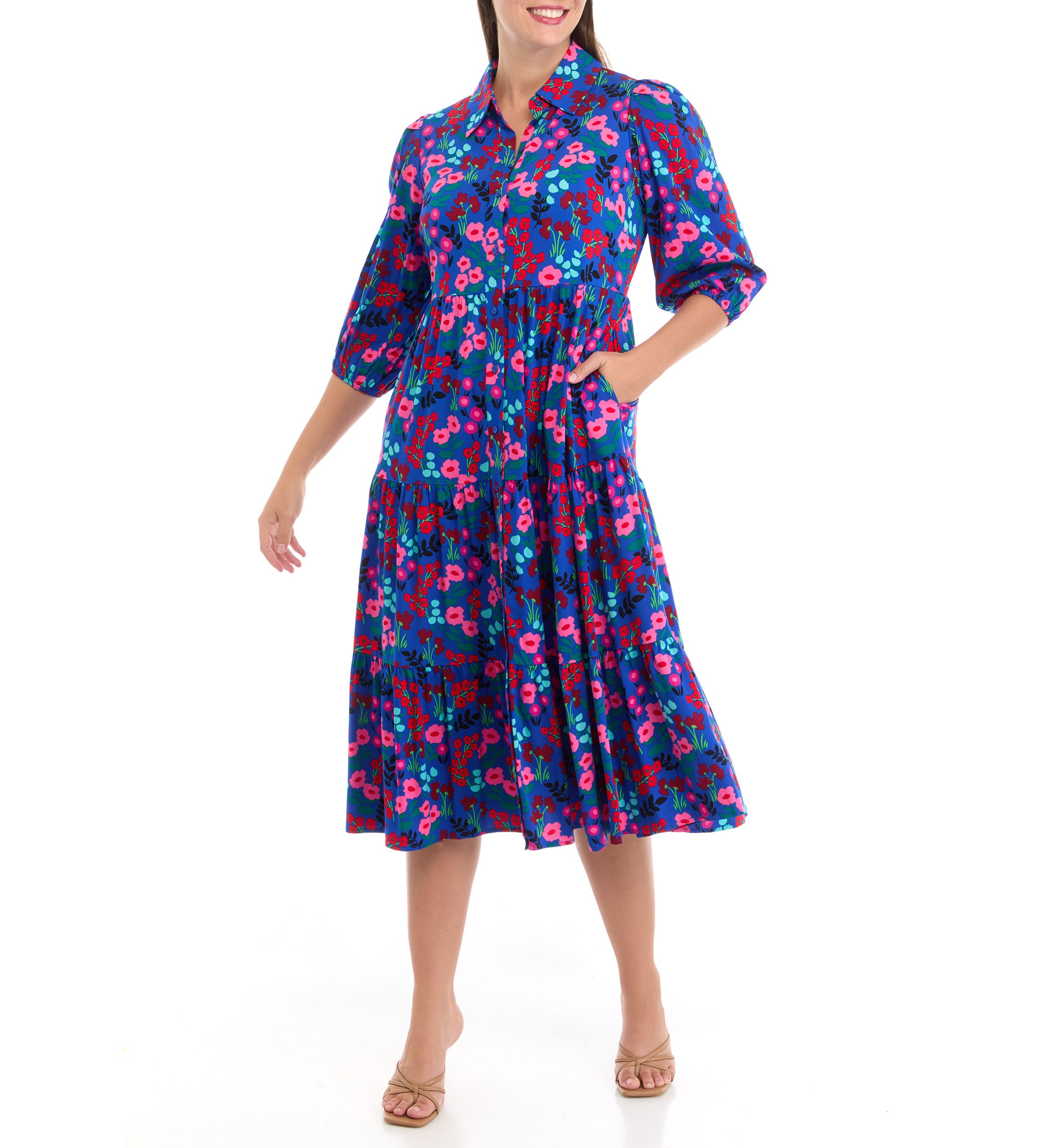 Petite 3/4 Sleeve Midi Challis Shirtdress