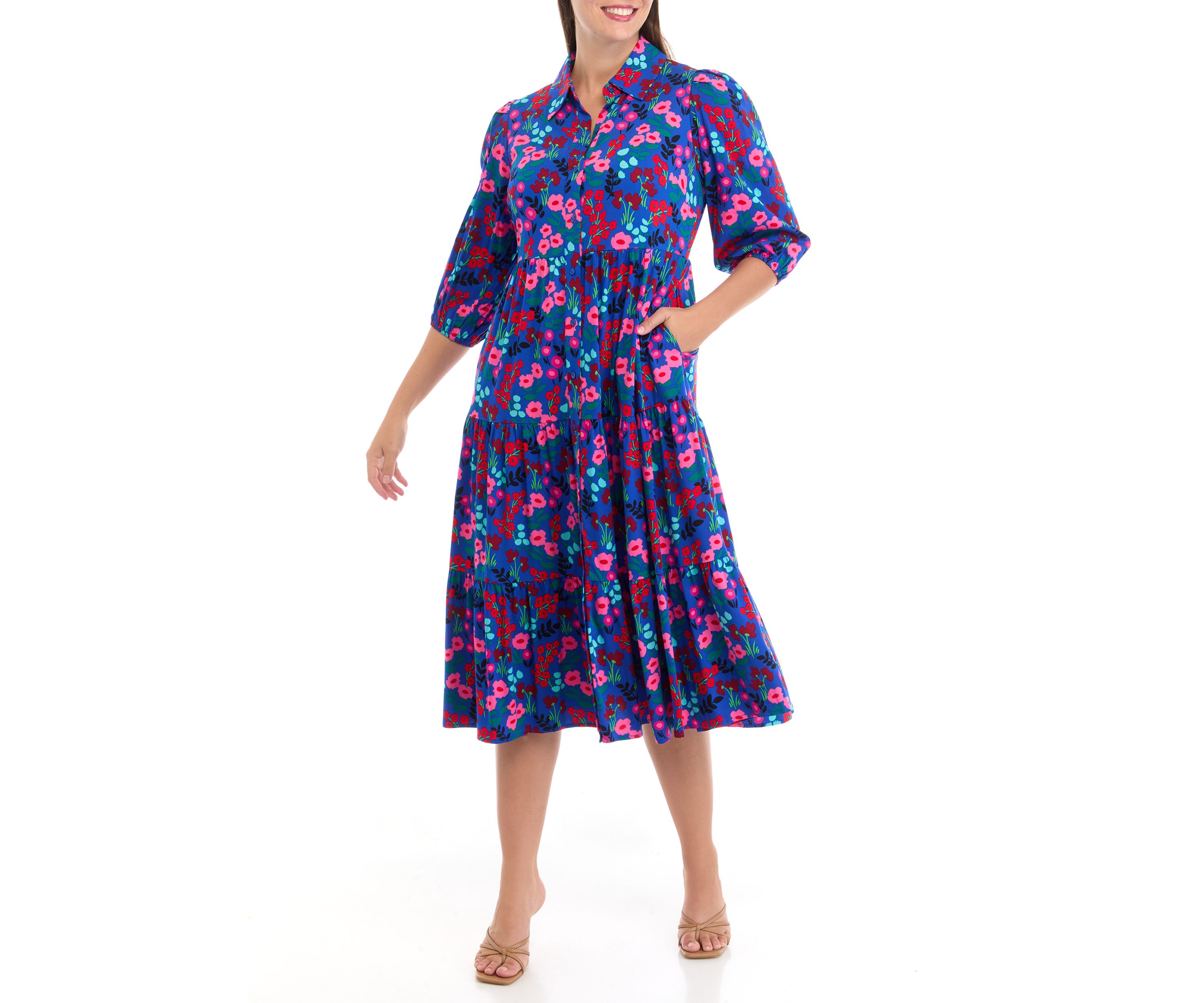 Petite 3/4 Sleeve Midi Challis Shirtdress