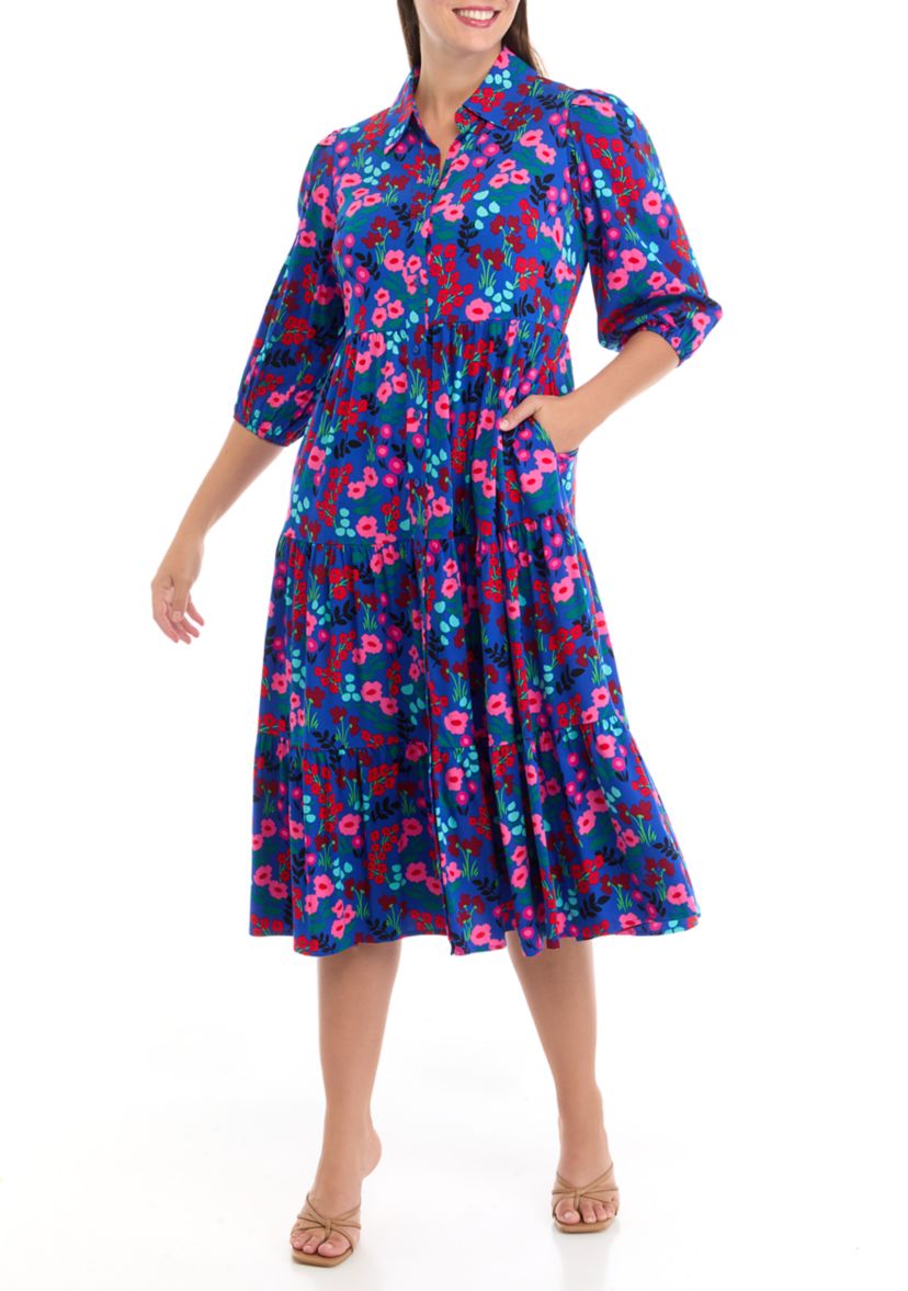 Petite 3/4 Sleeve Midi Challis Shirtdress