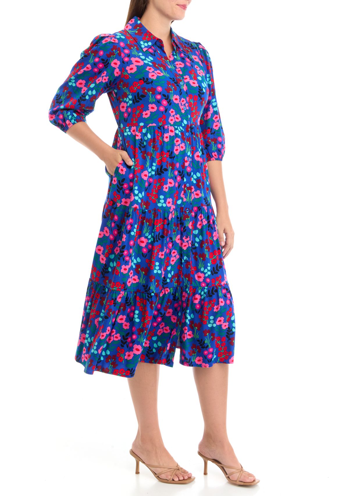 Petite 3/4 Sleeve Midi Challis Shirtdress