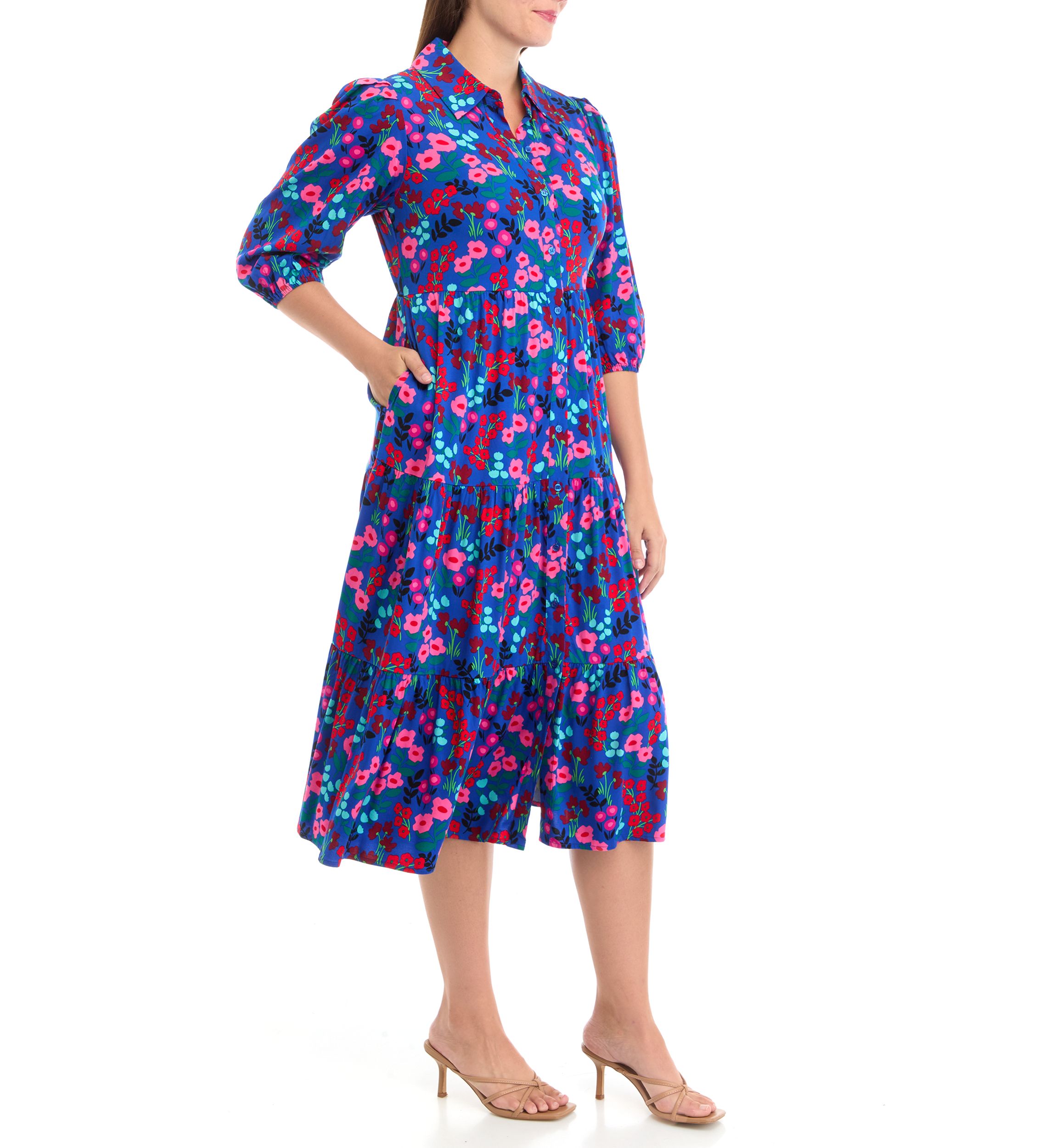 Petite 3/4 Sleeve Midi Challis Shirtdress