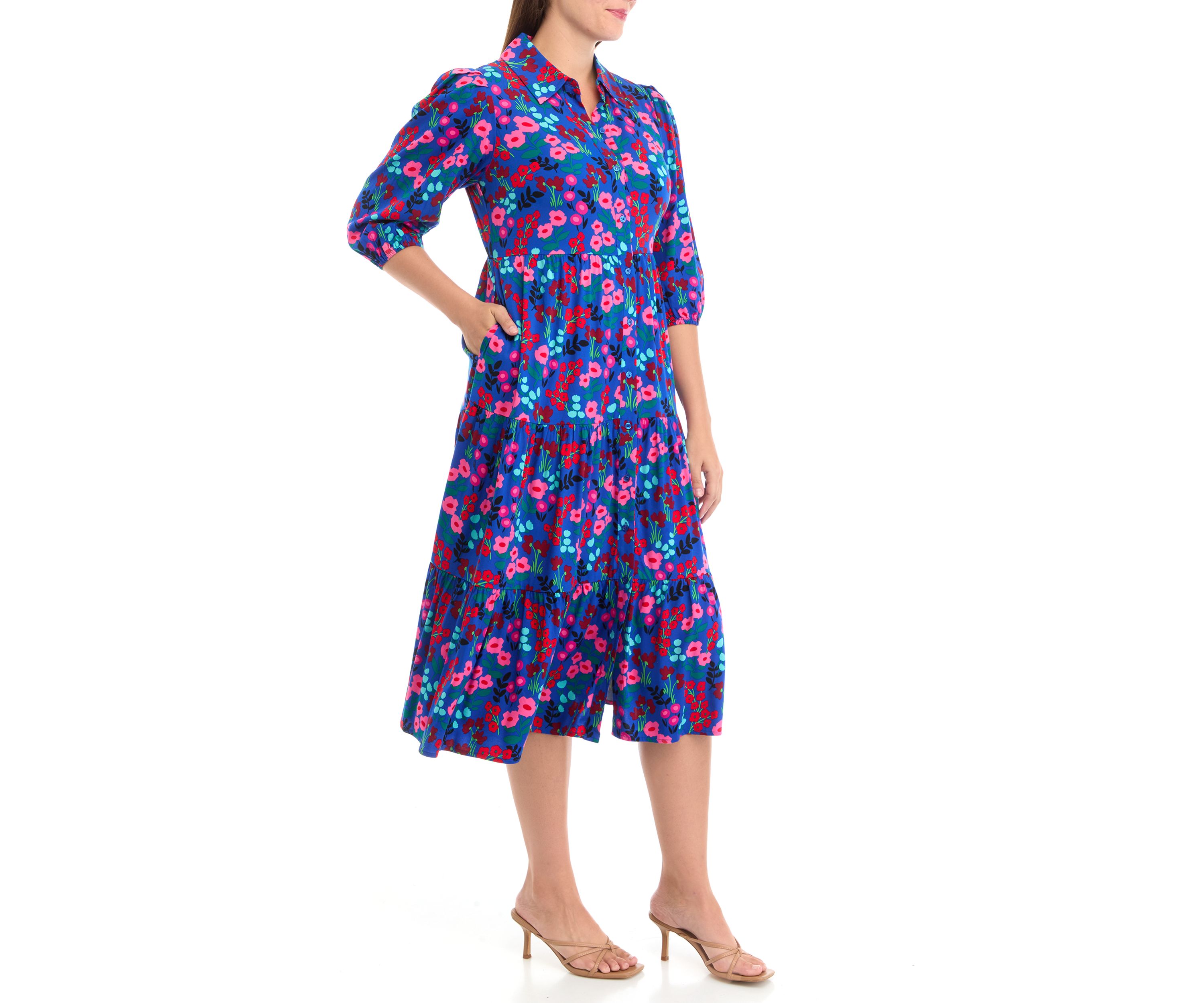 Petite 3/4 Sleeve Midi Challis Shirtdress