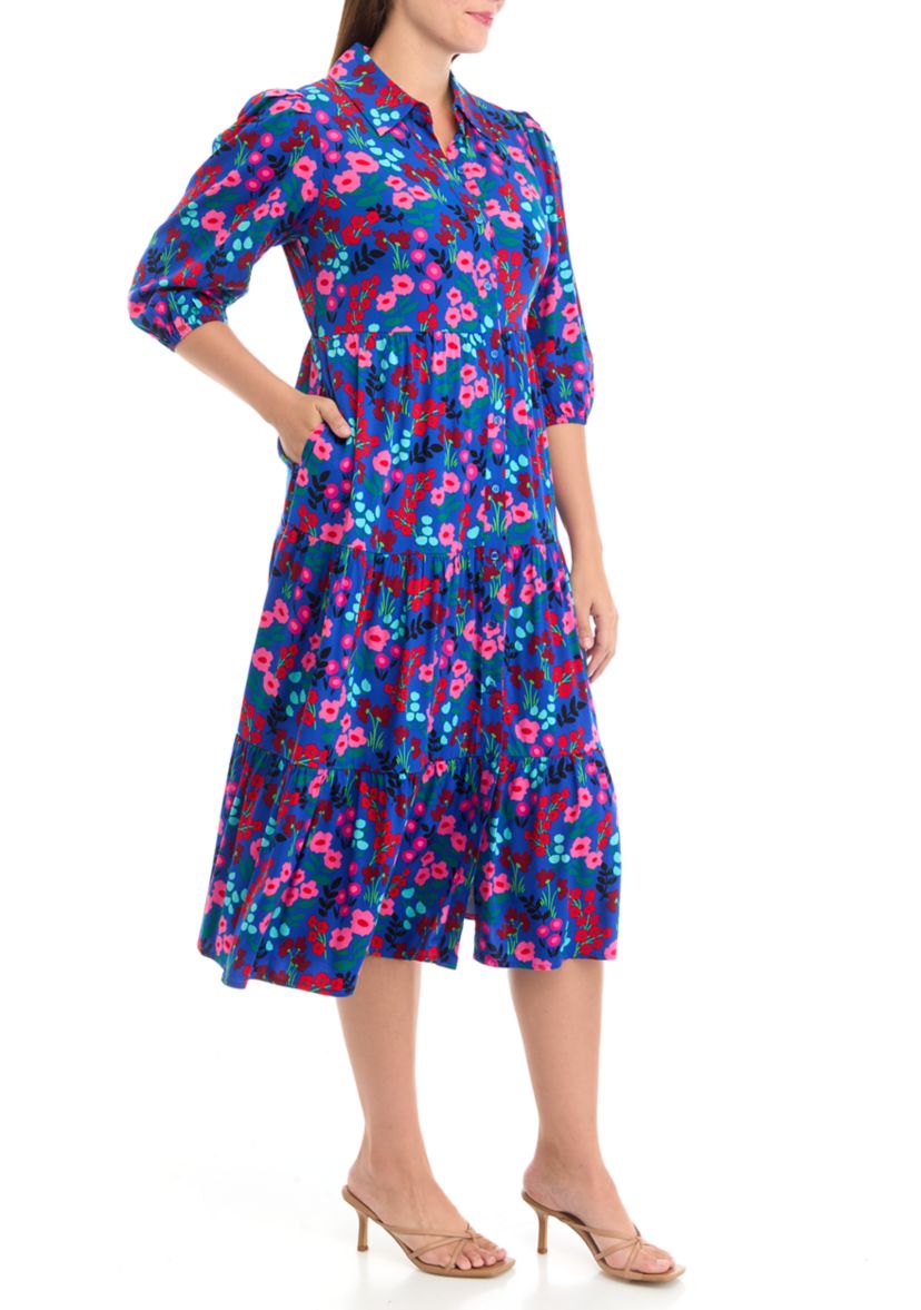 Petite 3/4 Sleeve Midi Challis Shirtdress