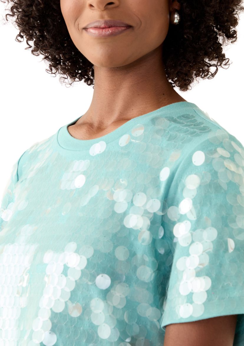 Womens Solid Sequin T-Shirt