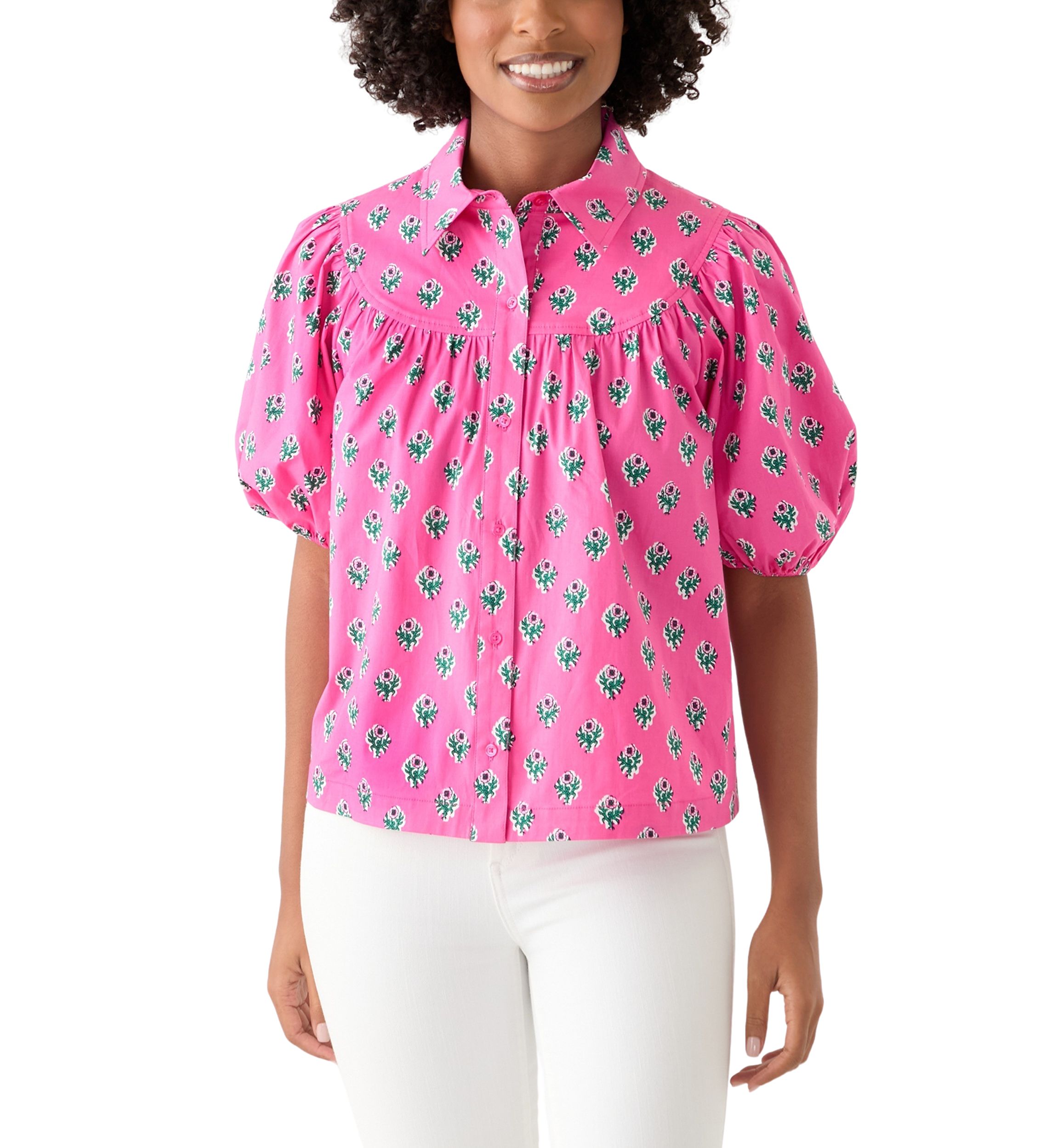 Womens Puff Sleeve Button Front Top