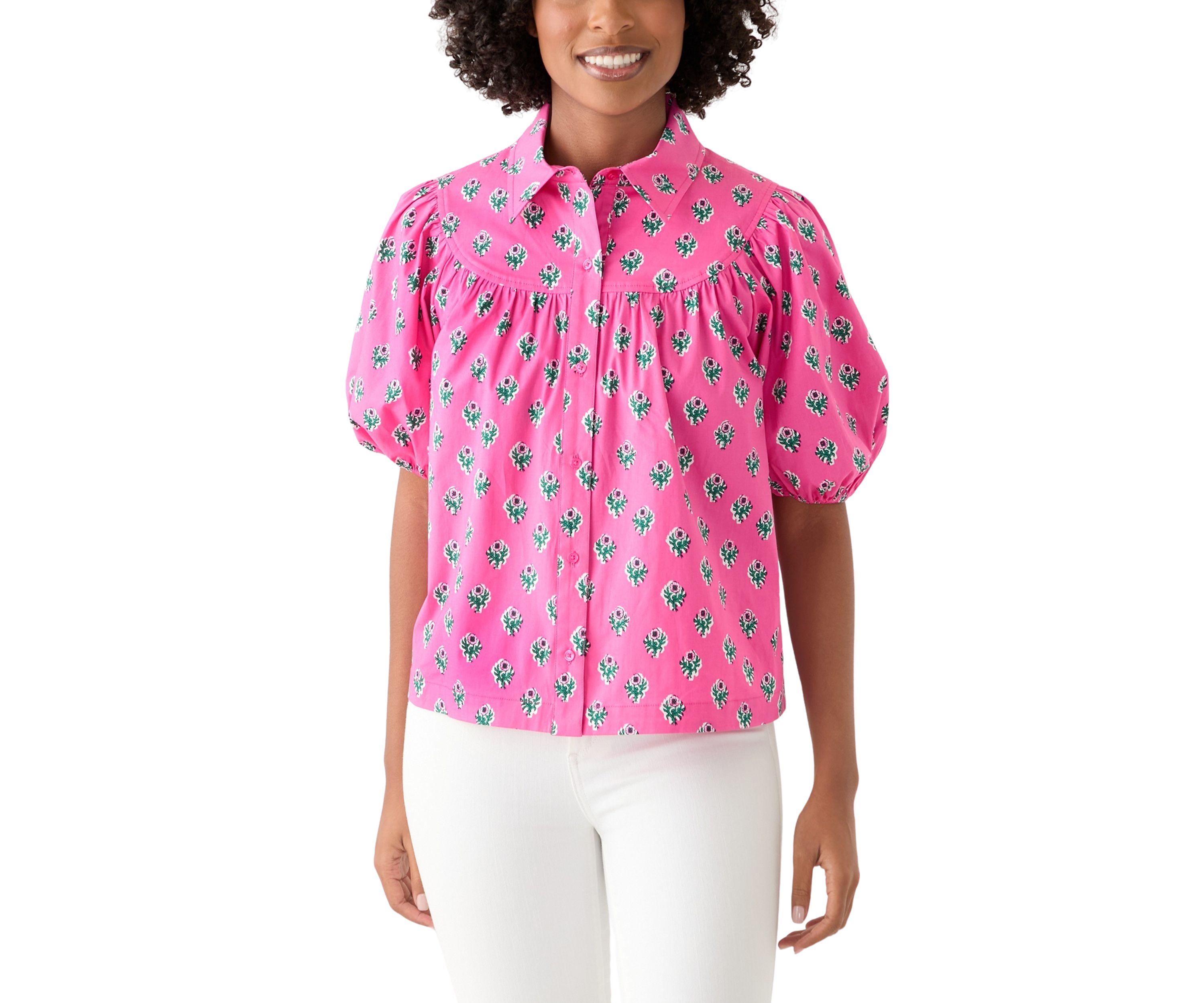 Womens Puff Sleeve Button Front Top