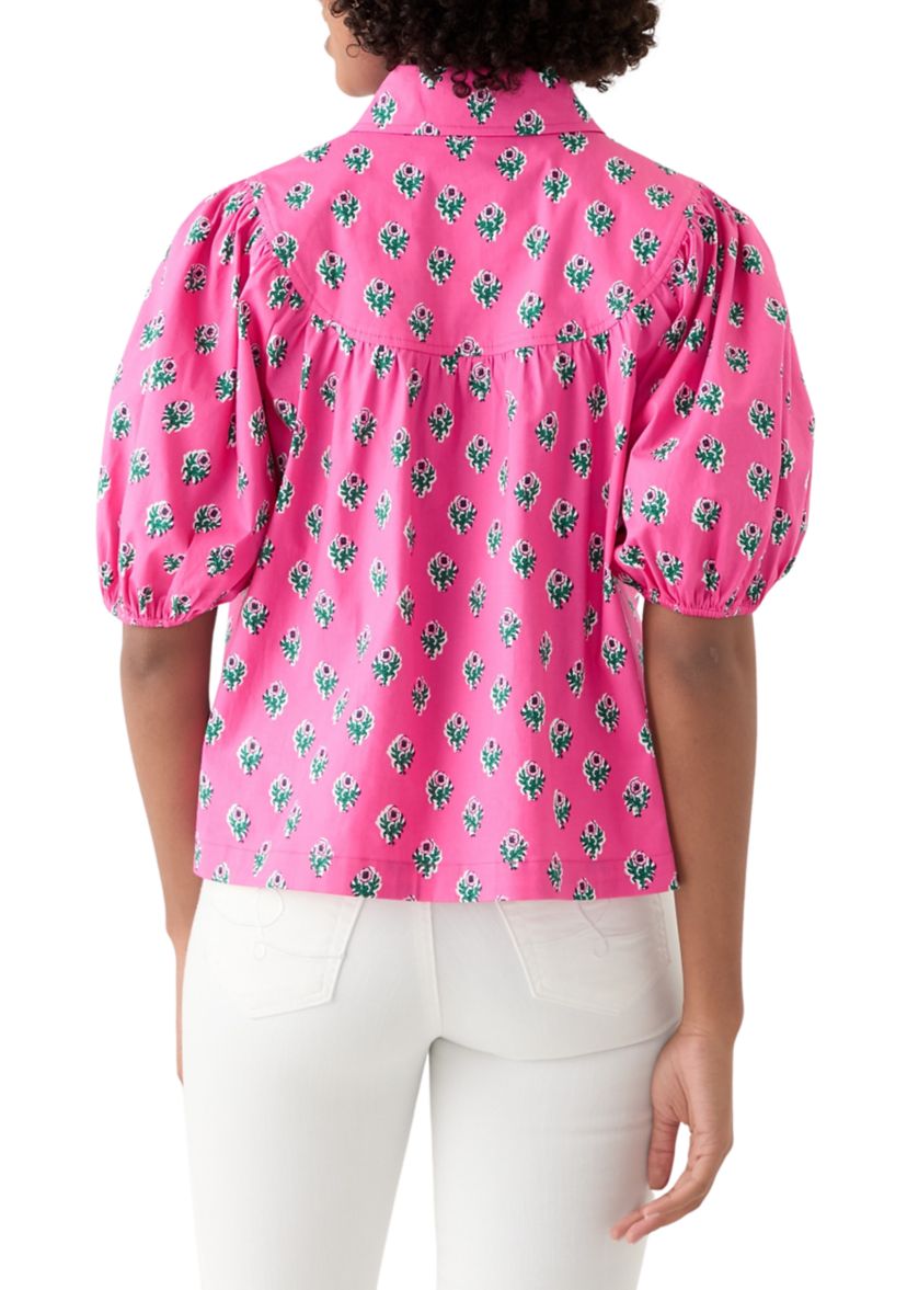 Womens Puff Sleeve Button Front Top