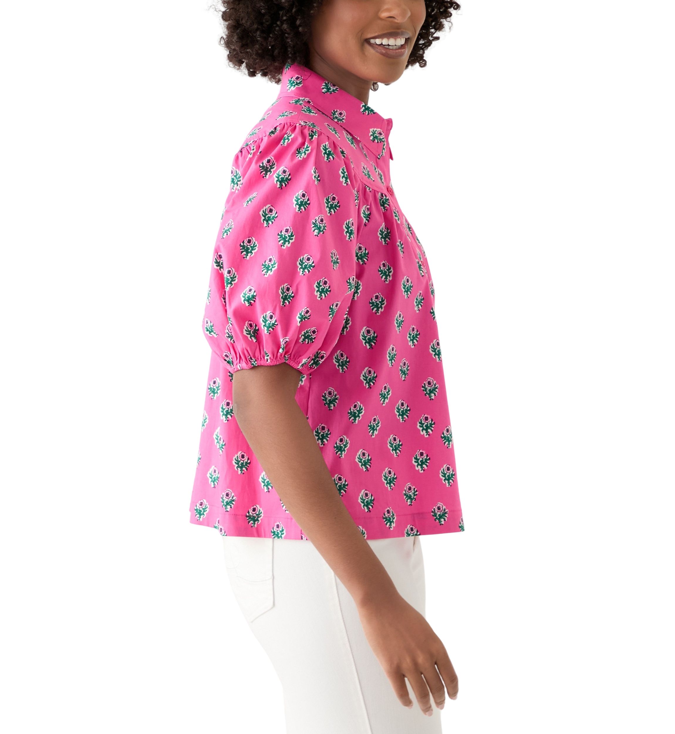 Womens Puff Sleeve Button Front Top