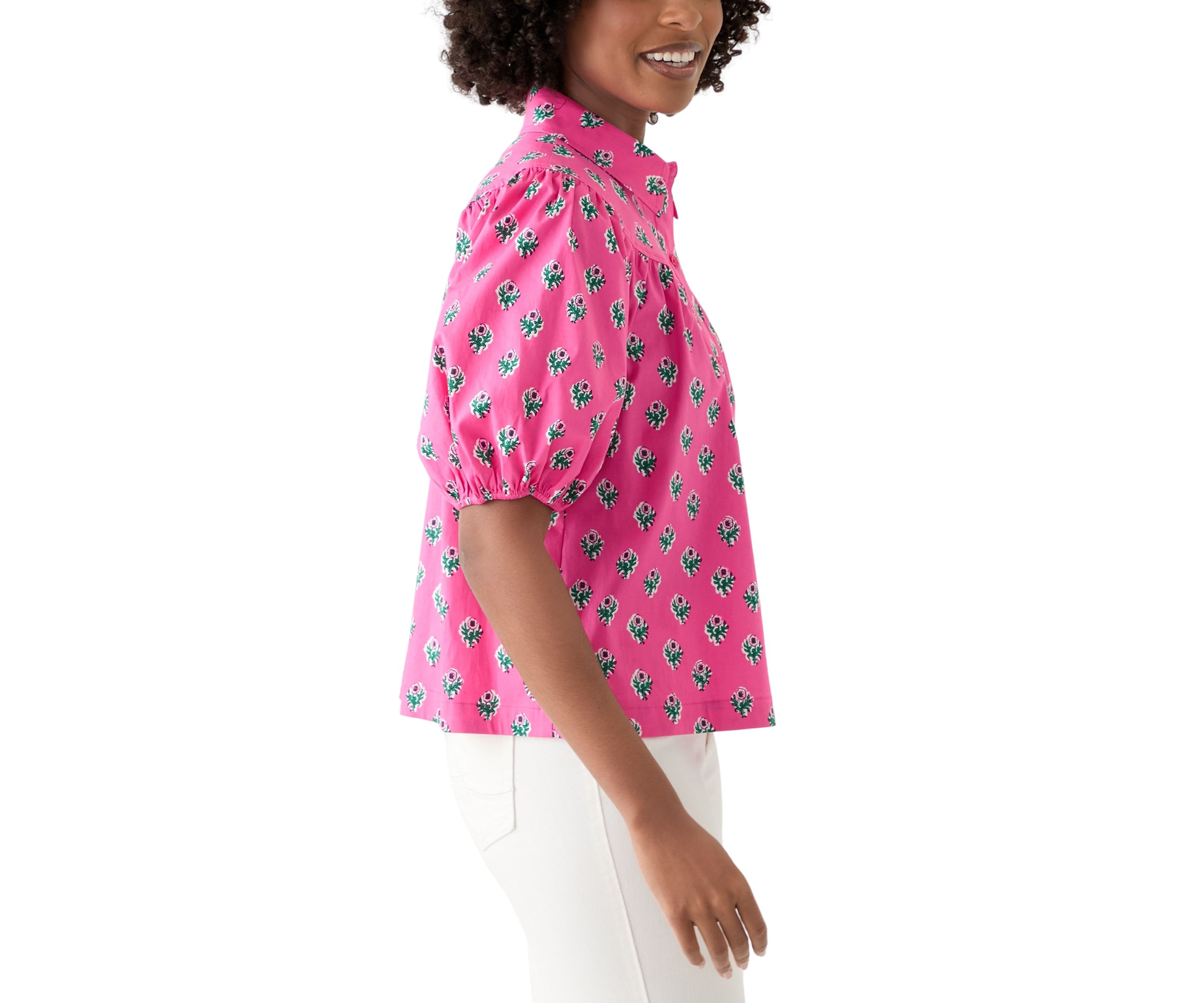 Womens Puff Sleeve Button Front Top