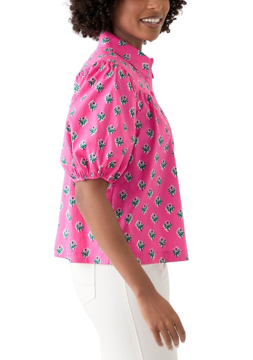 Womens Puff Sleeve Button Front Top
