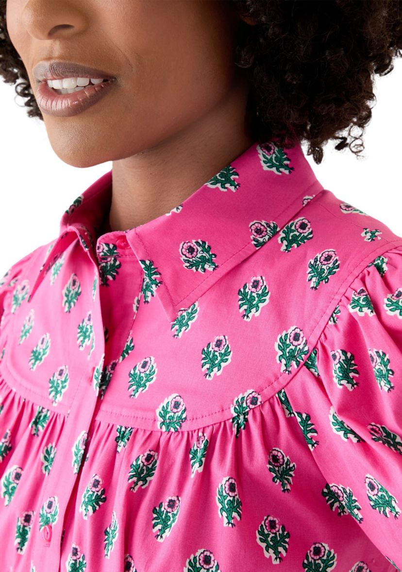 Womens Puff Sleeve Button Front Top