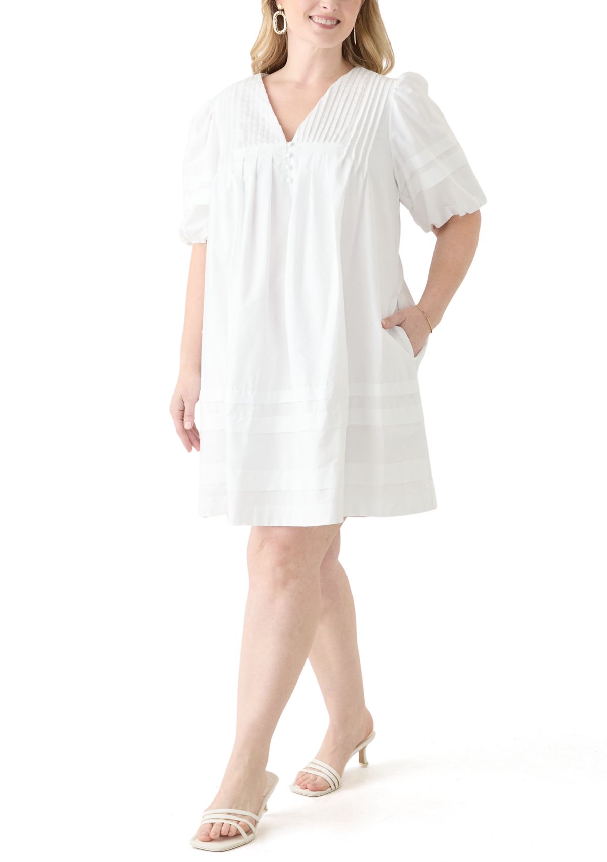 Plus Size Puff Sleeve Pintuck Short Dress