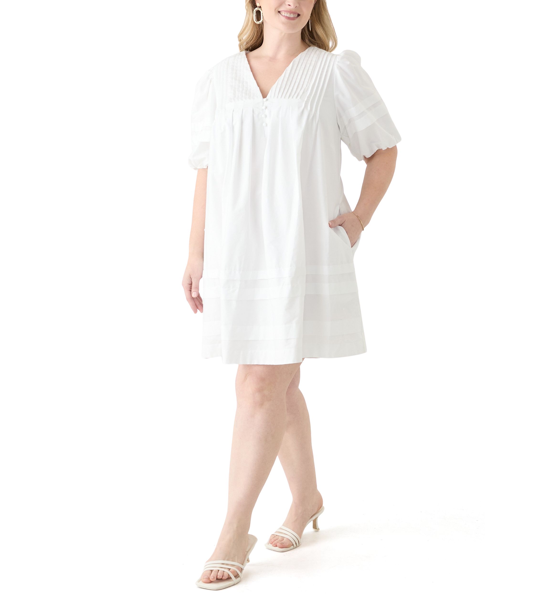 Plus Size Puff Sleeve Pintuck Short Dress