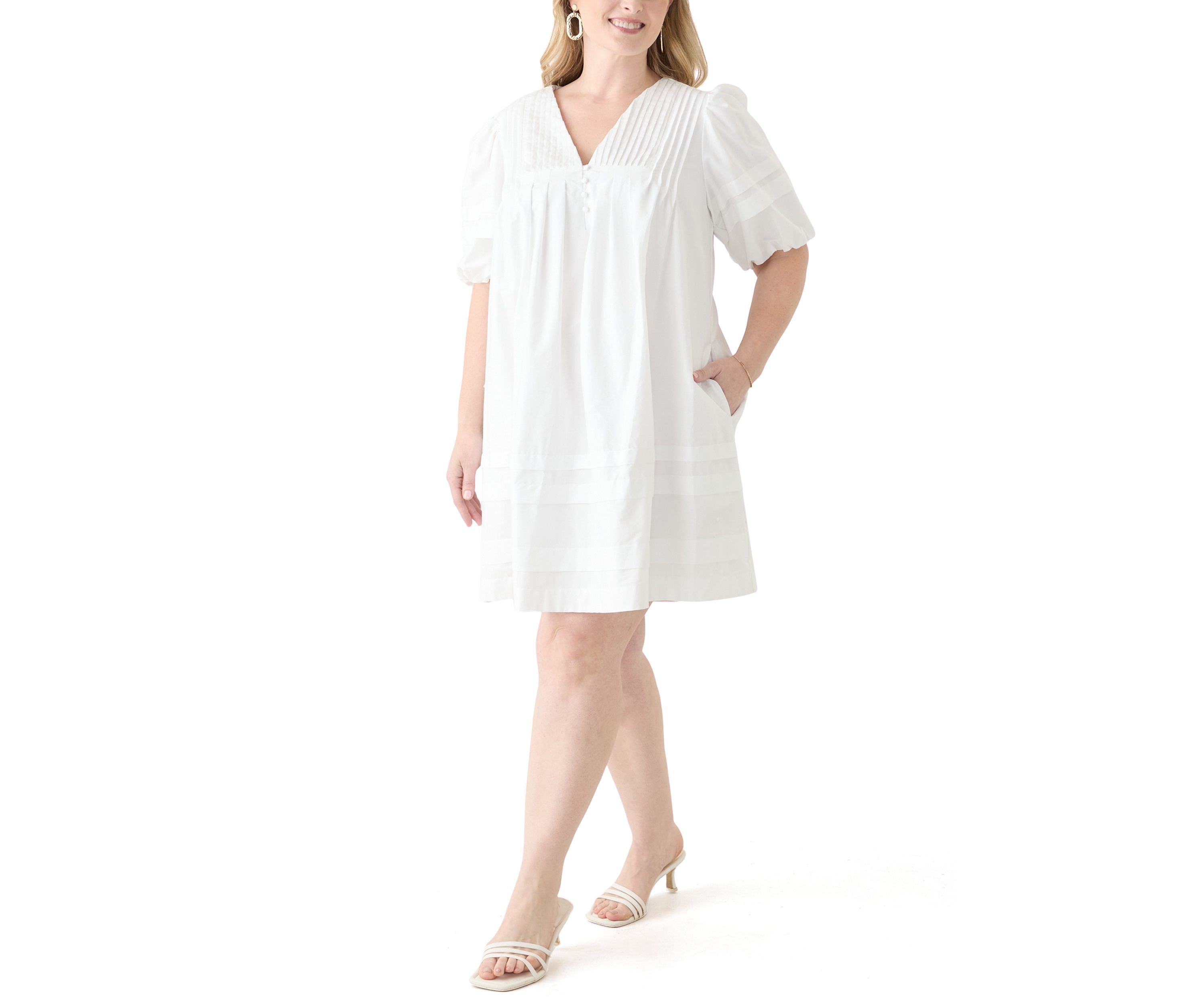 Plus Size Puff Sleeve Pintuck Short Dress
