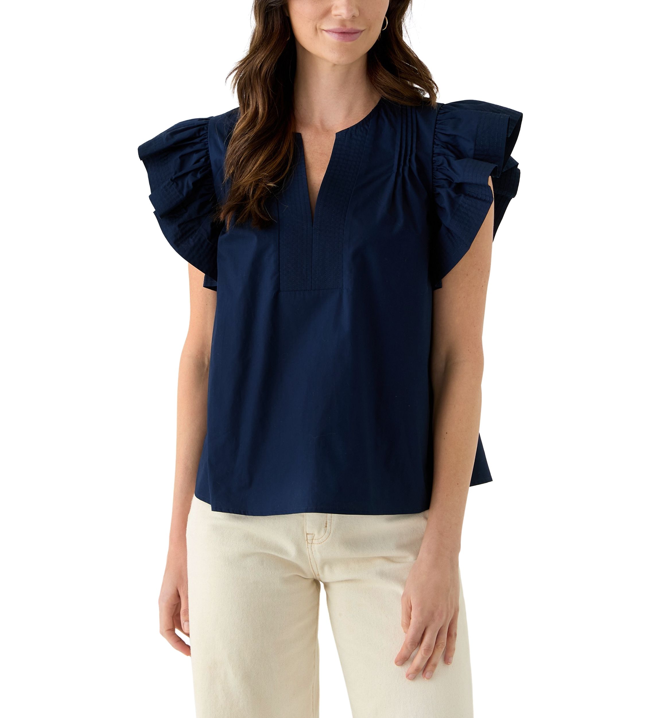 Womens Woven Split Neck Flutter Sleeve Blouse