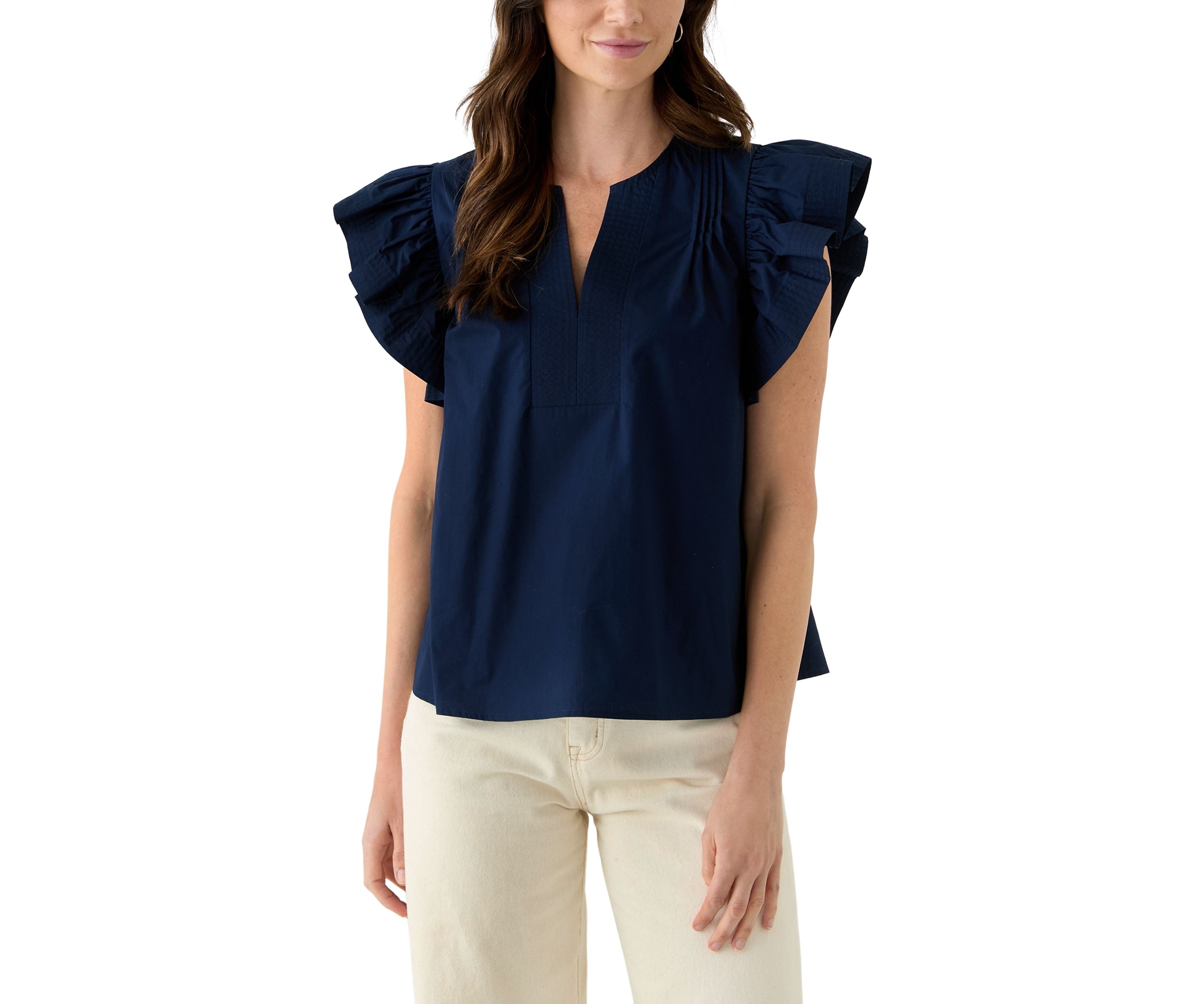 Womens Woven Split Neck Flutter Sleeve Blouse