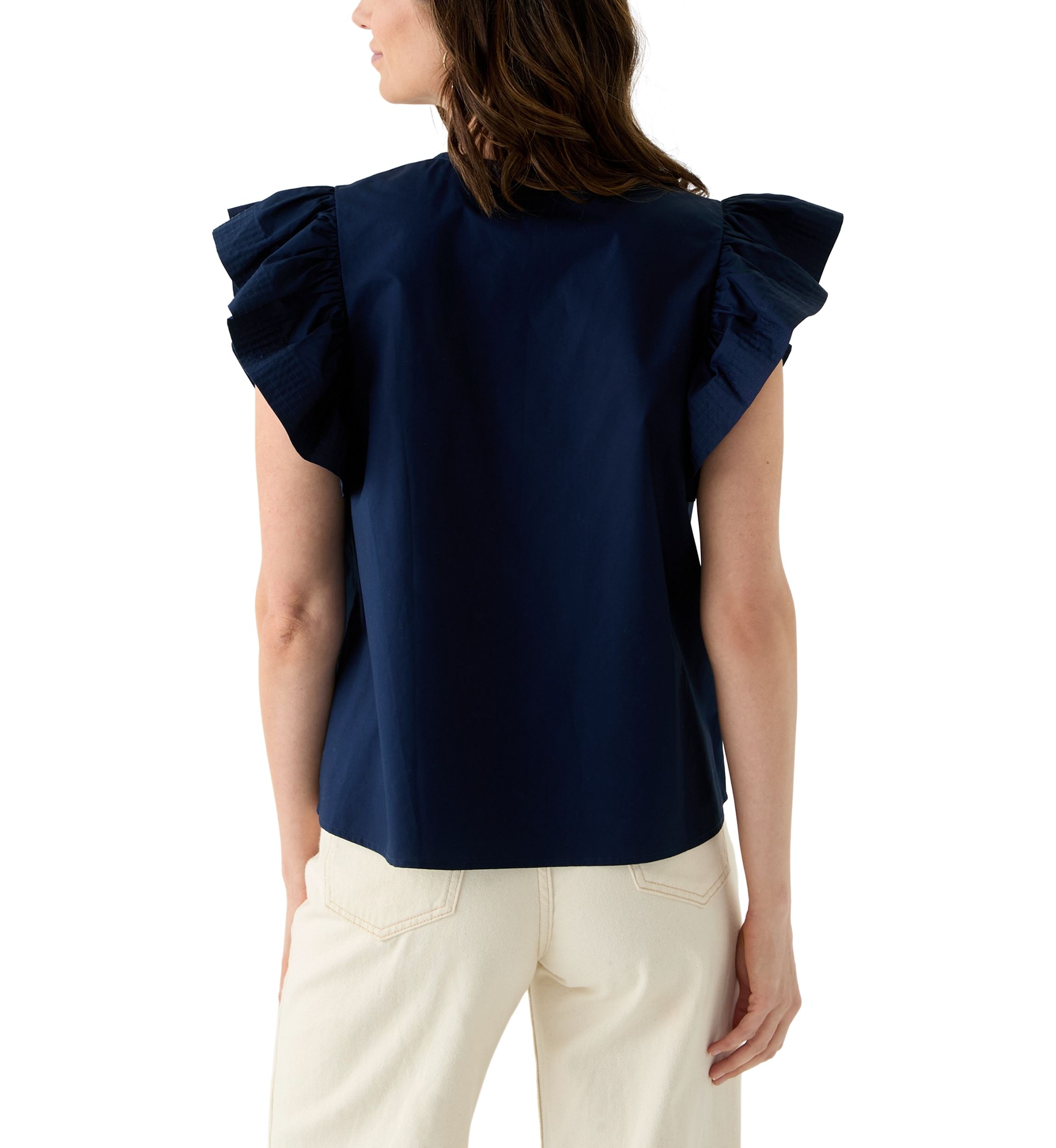 Womens Woven Split Neck Flutter Sleeve Blouse