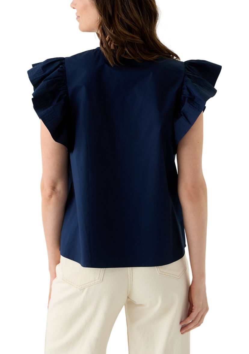 Womens Woven Split Neck Flutter Sleeve Blouse