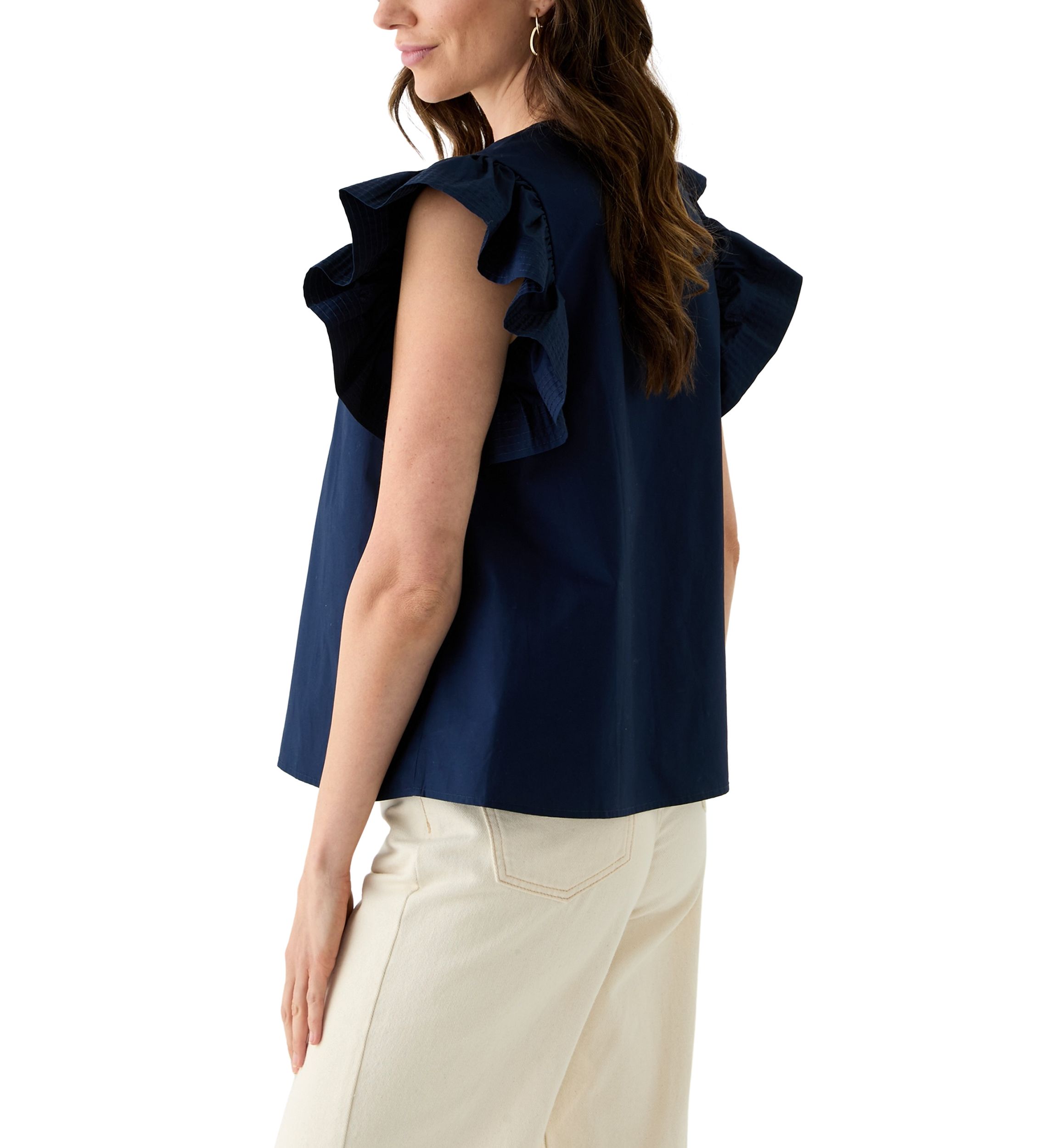 Womens Woven Split Neck Flutter Sleeve Blouse