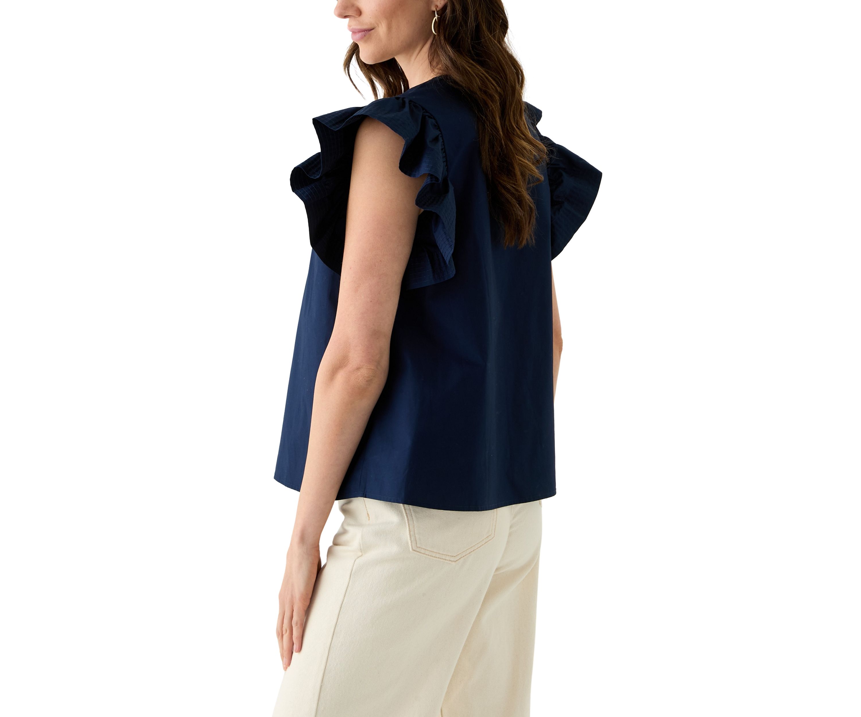 Womens Woven Split Neck Flutter Sleeve Blouse