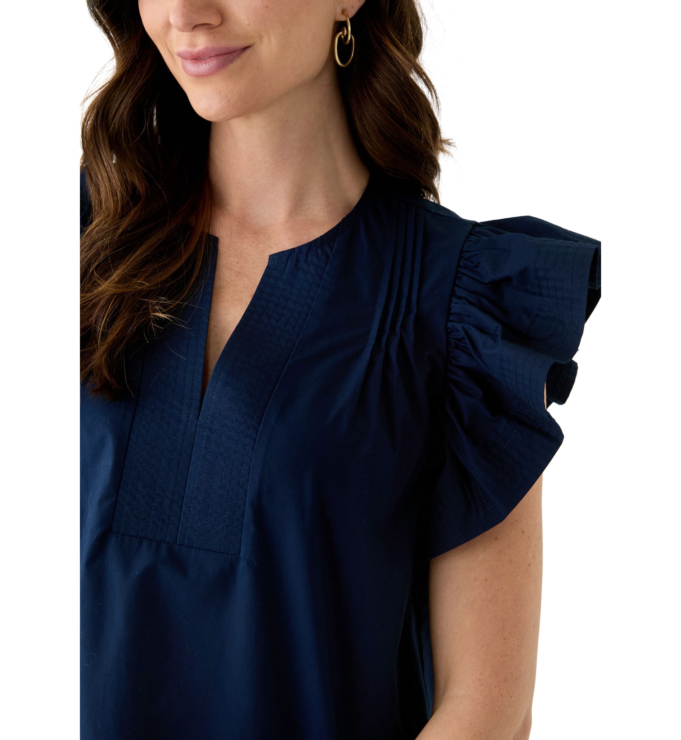 Womens Woven Split Neck Flutter Sleeve Blouse
