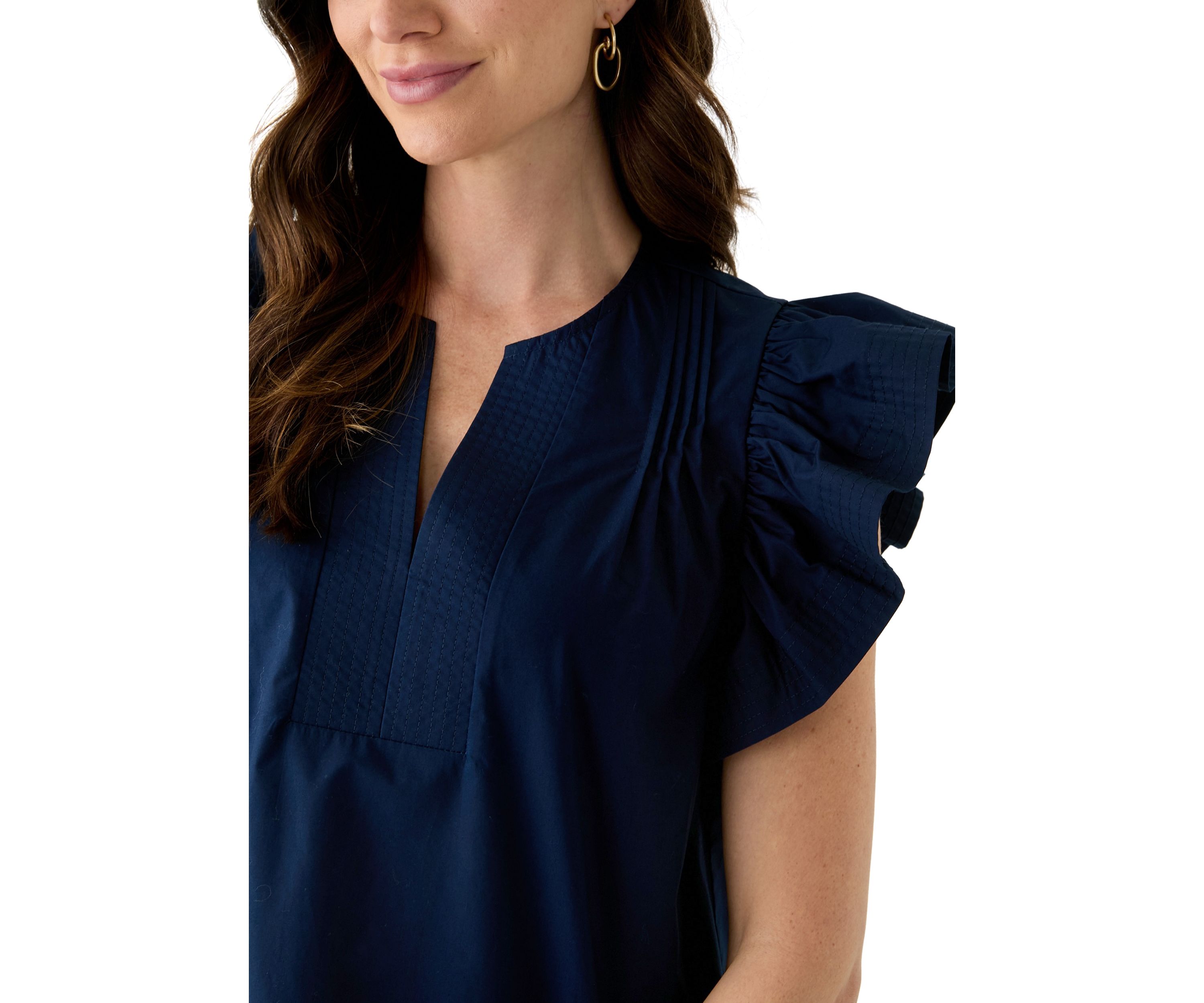 Womens Woven Split Neck Flutter Sleeve Blouse