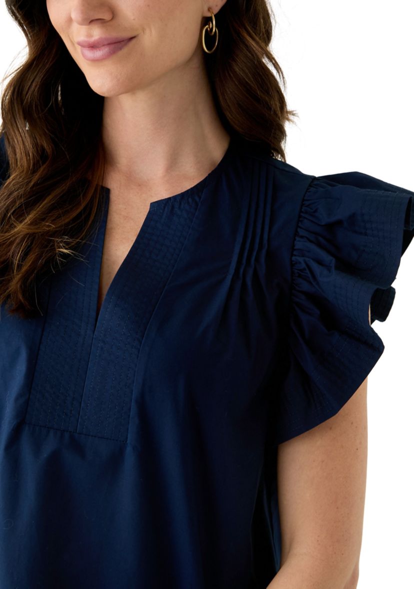 Womens Woven Split Neck Flutter Sleeve Blouse