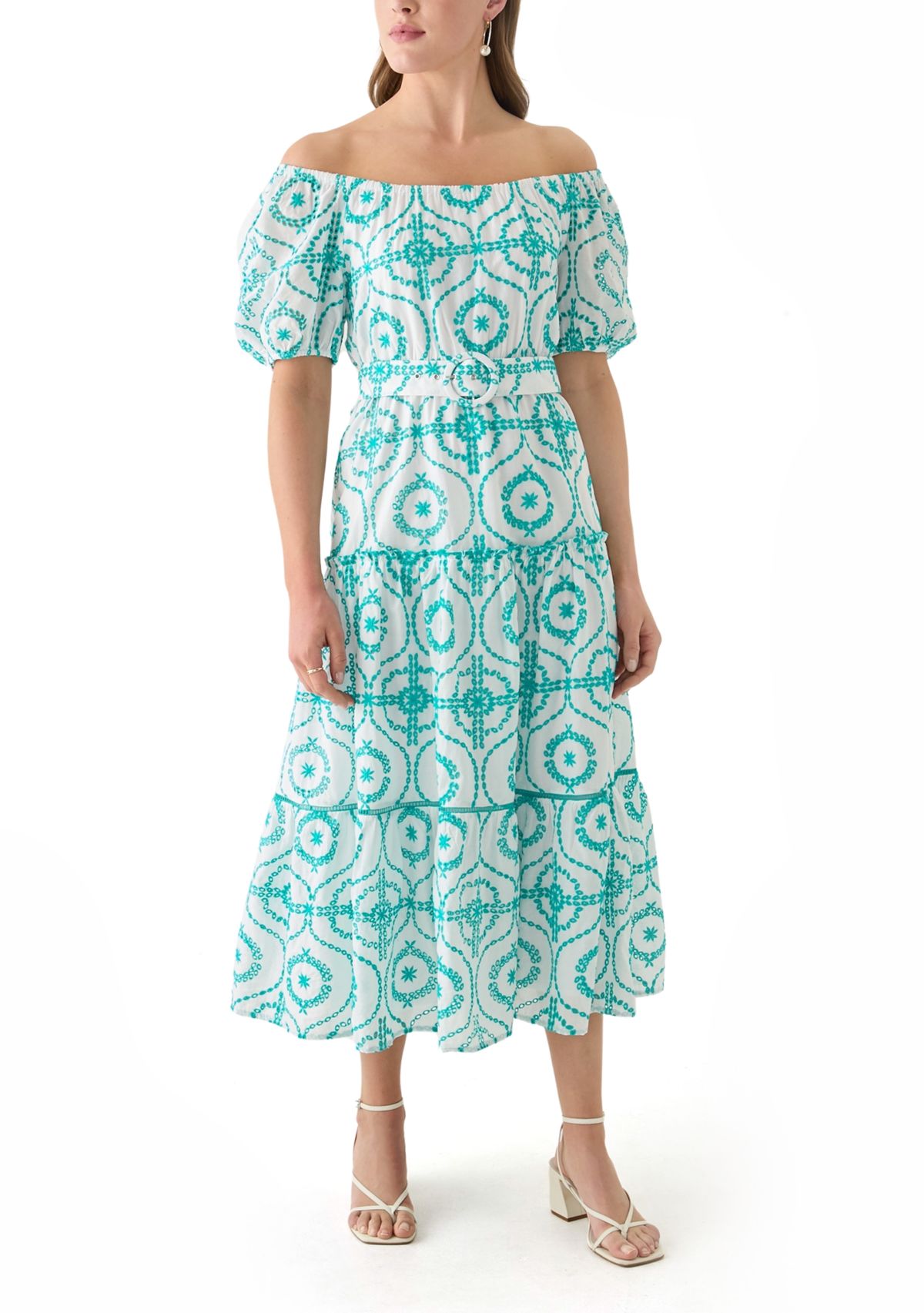 Womens Belted Maxi Eyelet Dress
